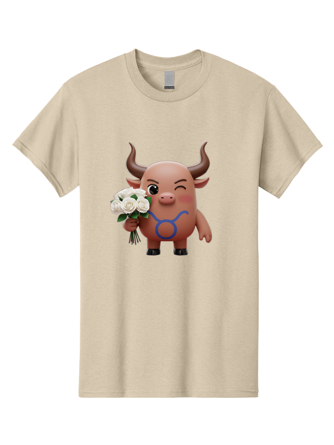 Taurus Men'S Graphic Tee, 100% Cotton, Comfortable Casual Summer Wear, Machine Washable, Taurus Zodiac Symbol, Cartoon Bull Character, Holding White Roses, Symbol Of Love, Astrological Sign, Bull Emoji, Cute Illustration, Zodiac Sign, Bae306