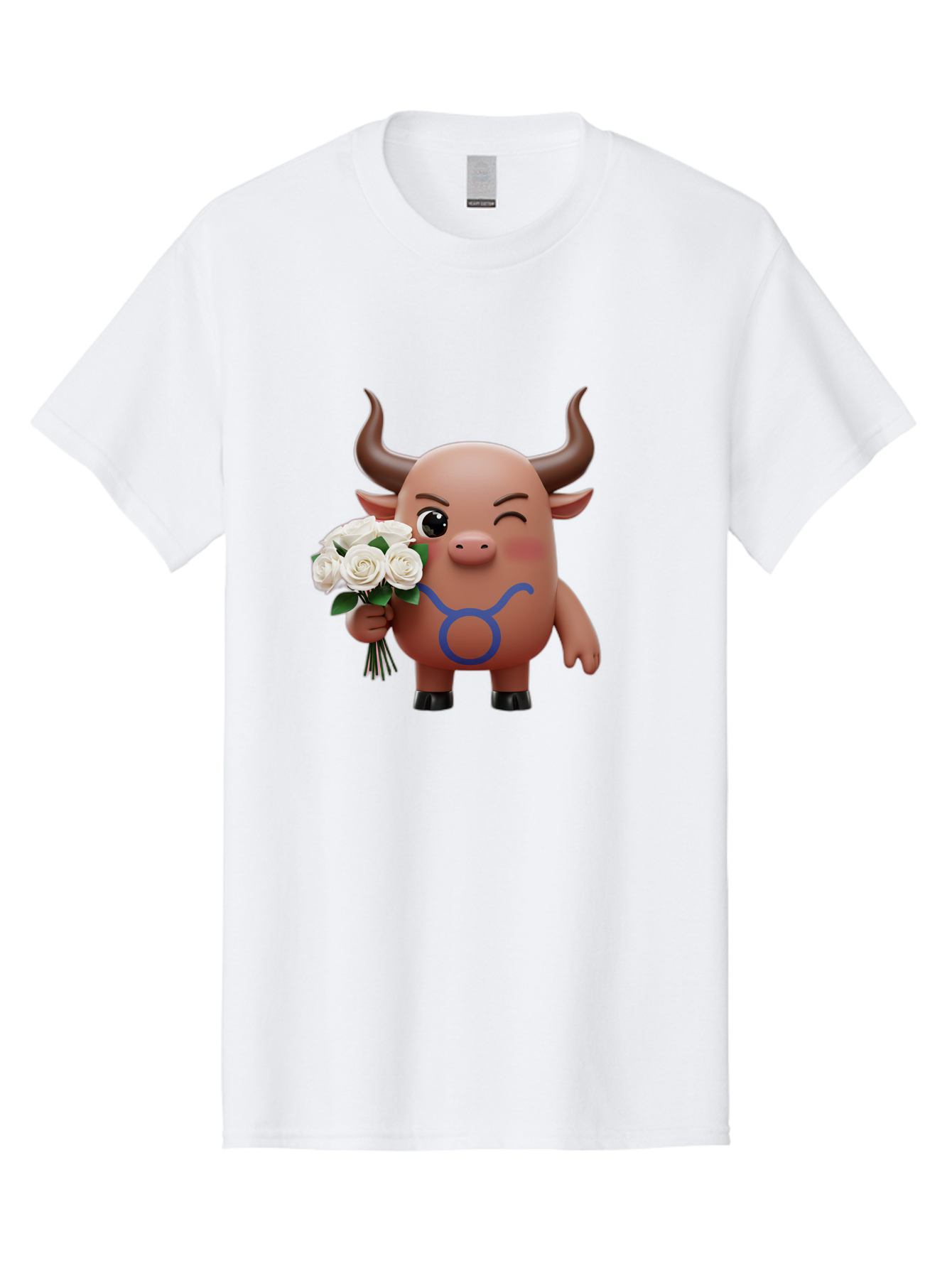 Taurus Men'S Graphic Tee, 100% Cotton, Comfortable Casual Summer Wear, Machine Washable, Taurus Zodiac Symbol, Cartoon Bull Character, Holding White Roses, Symbol Of Love, Astrological Sign, Bull Emoji, Cute Illustration, Zodiac Sign, Bae306