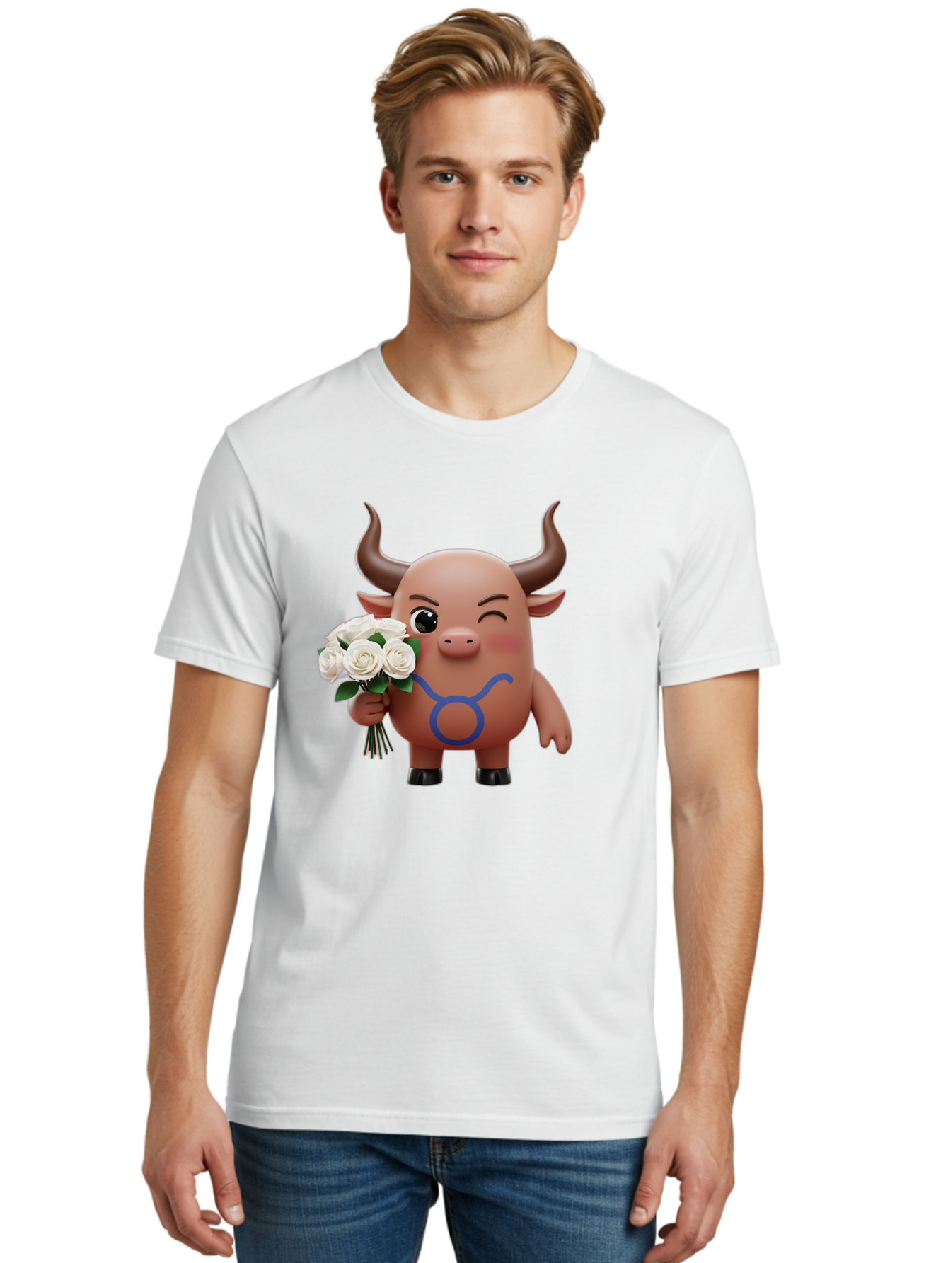 Taurus Men'S Graphic Tee, 100% Cotton, Comfortable Casual Summer Wear, Machine Washable, Taurus Zodiac Symbol, Cartoon Bull Character, Holding White Roses, Symbol Of Love, Astrological Sign, Bull Emoji, Cute Illustration, Zodiac Sign, Bae306