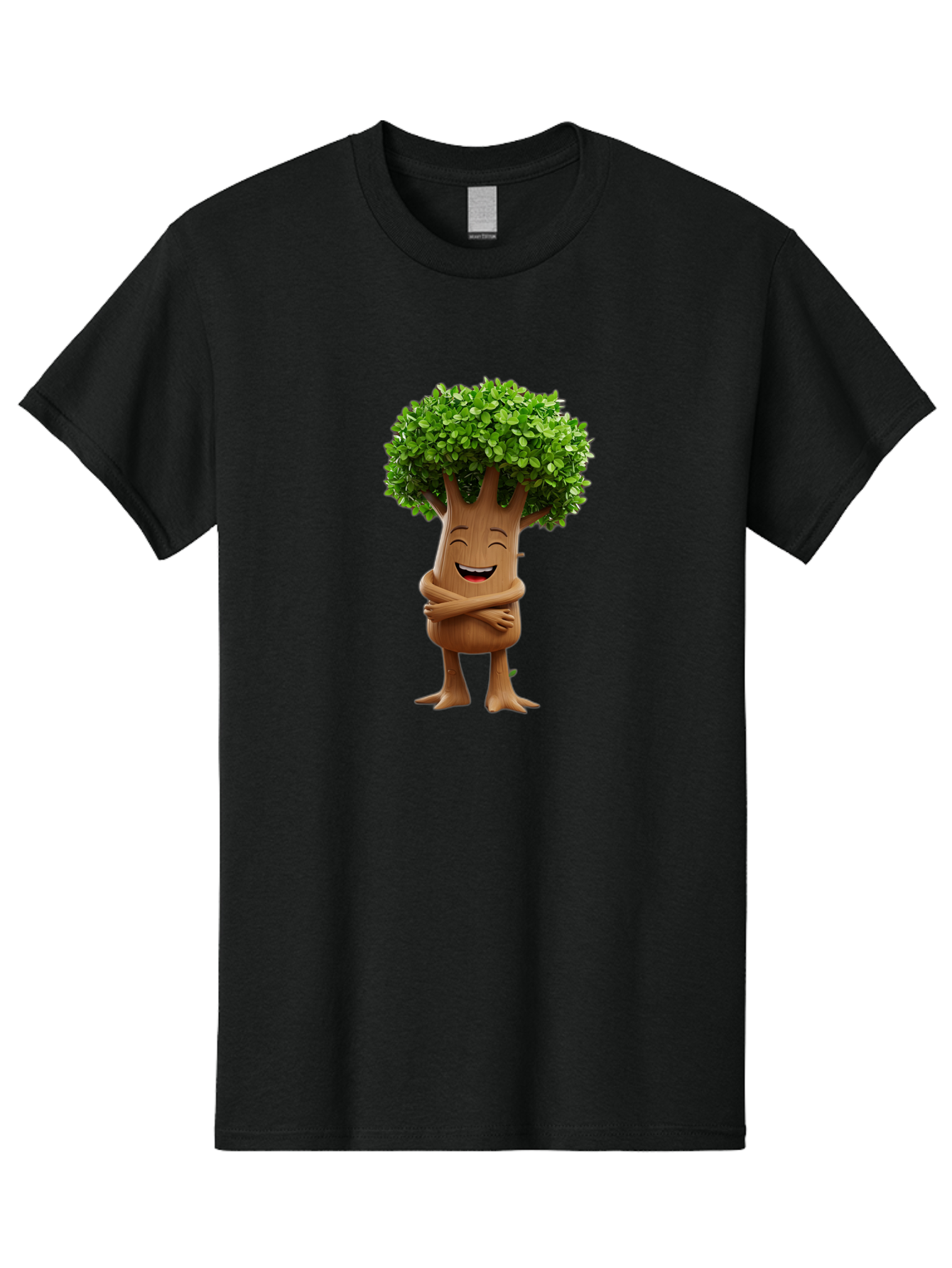 Tree-Character Men'S Graphic Tee, 100% Cotton, Comfortable Casual Summer Wear, Machine Washable, Cartoon Tree, Smiling Face, Happy Emotion, Green Leaves, Wooden Texture, Friendly Atmosphere, 3D Character, Eco-Friendly, Nature-Inspired, Bae308