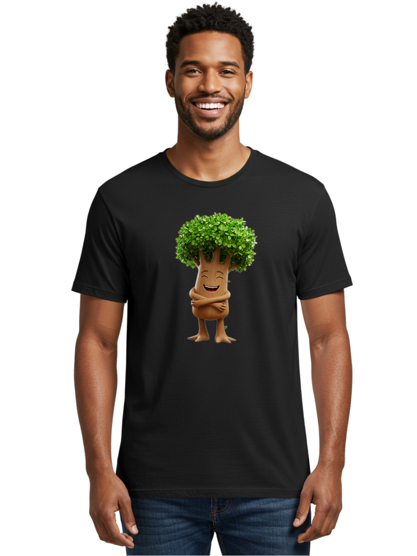 Tree-Character Men'S Graphic Tee, 100% Cotton, Comfortable Casual Summer Wear, Machine Washable, Cartoon Tree, Smiling Face, Happy Emotion, Green Leaves, Wooden Texture, Friendly Atmosphere, 3D Character, Eco-Friendly, Nature-Inspired, Bae308