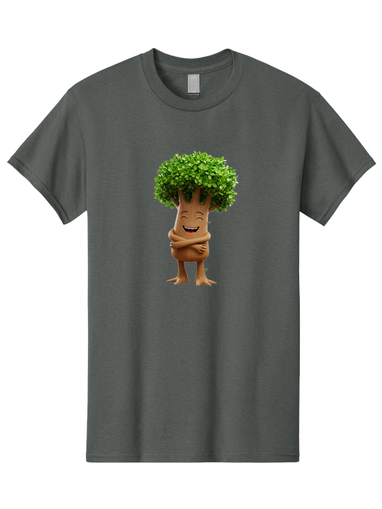 Tree-Character Men'S Graphic Tee, 100% Cotton, Comfortable Casual Summer Wear, Machine Washable, Cartoon Tree, Smiling Face, Happy Emotion, Green Leaves, Wooden Texture, Friendly Atmosphere, 3D Character, Eco-Friendly, Nature-Inspired, Bae308