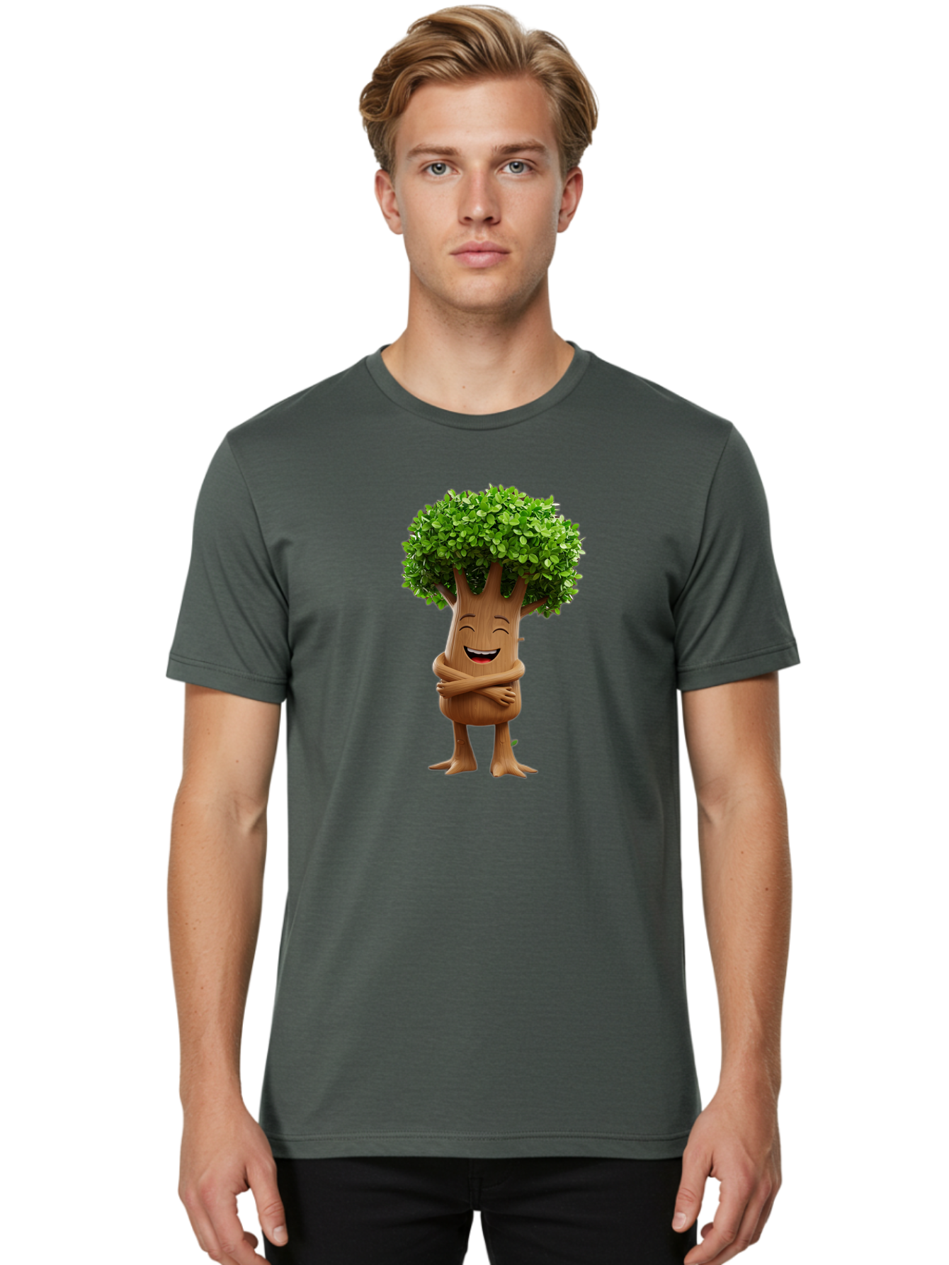 Tree-Character Men'S Graphic Tee, 100% Cotton, Comfortable Casual Summer Wear, Machine Washable, Cartoon Tree, Smiling Face, Happy Emotion, Green Leaves, Wooden Texture, Friendly Atmosphere, 3D Character, Eco-Friendly, Nature-Inspired, Bae308