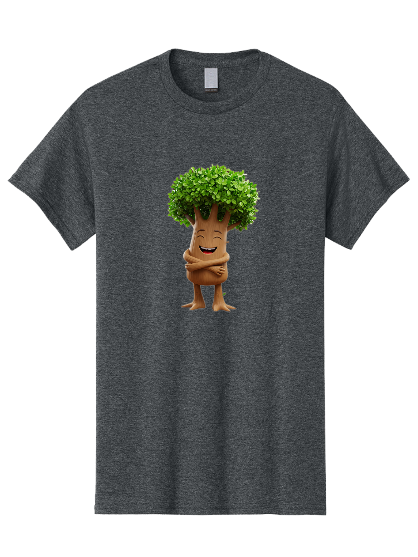 Tree-Character Men'S Graphic Tee, 100% Cotton, Comfortable Casual Summer Wear, Machine Washable, Cartoon Tree, Smiling Face, Happy Emotion, Green Leaves, Wooden Texture, Friendly Atmosphere, 3D Character, Eco-Friendly, Nature-Inspired, Bae308