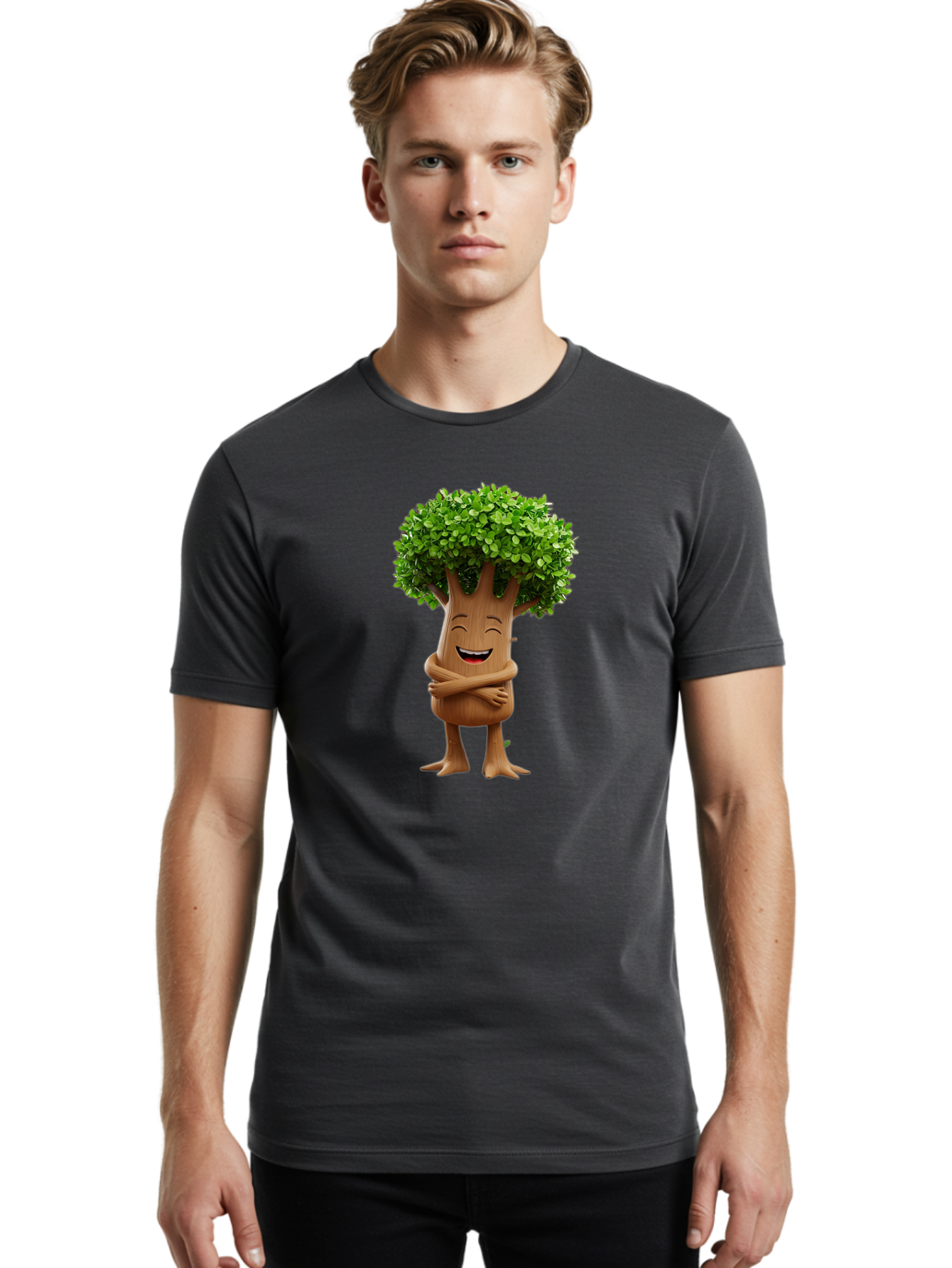 Tree-Character Men'S Graphic Tee, 100% Cotton, Comfortable Casual Summer Wear, Machine Washable, Cartoon Tree, Smiling Face, Happy Emotion, Green Leaves, Wooden Texture, Friendly Atmosphere, 3D Character, Eco-Friendly, Nature-Inspired, Bae308