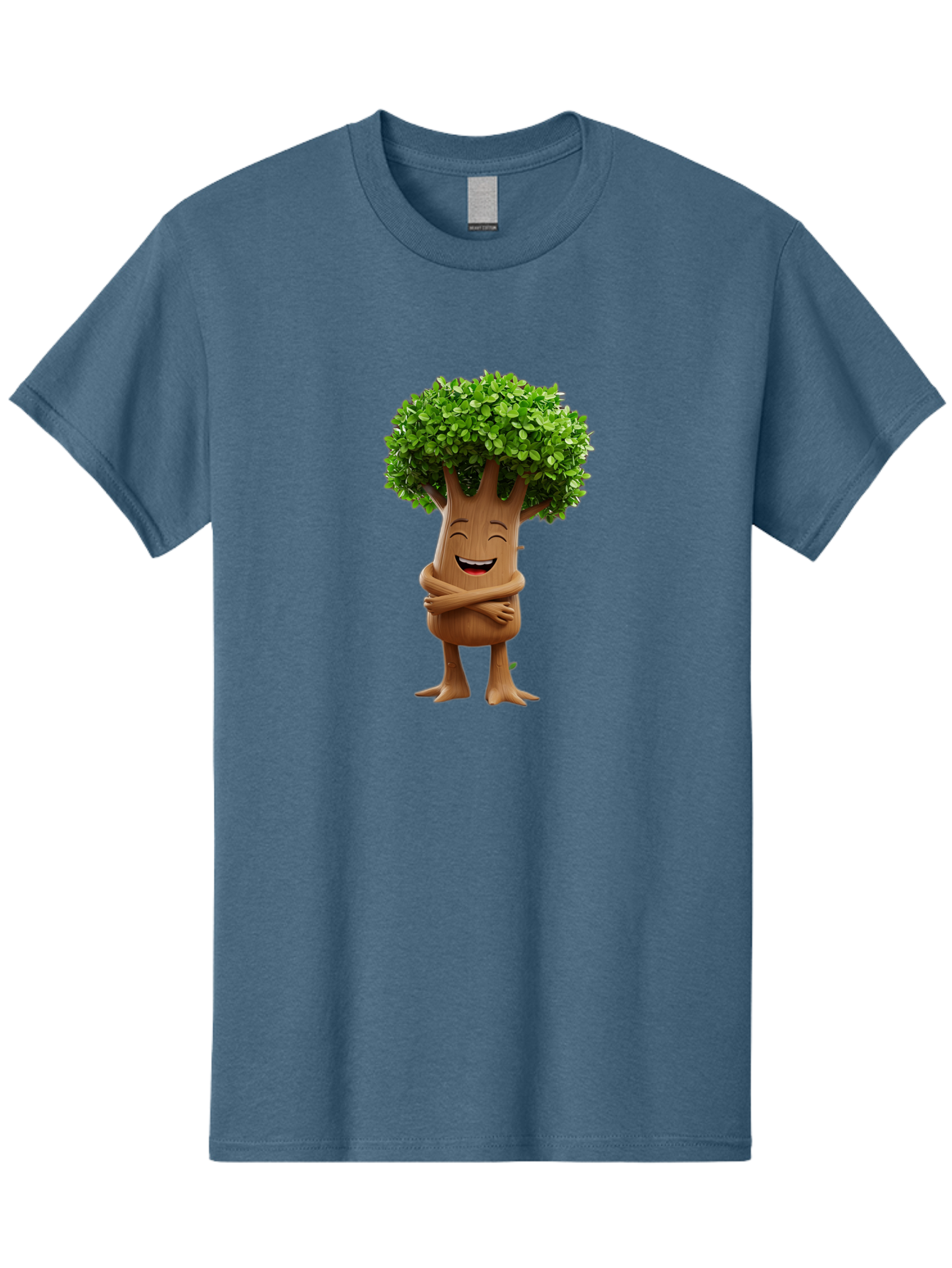 Tree-Character Men'S Graphic Tee, 100% Cotton, Comfortable Casual Summer Wear, Machine Washable, Cartoon Tree, Smiling Face, Happy Emotion, Green Leaves, Wooden Texture, Friendly Atmosphere, 3D Character, Eco-Friendly, Nature-Inspired, Bae308