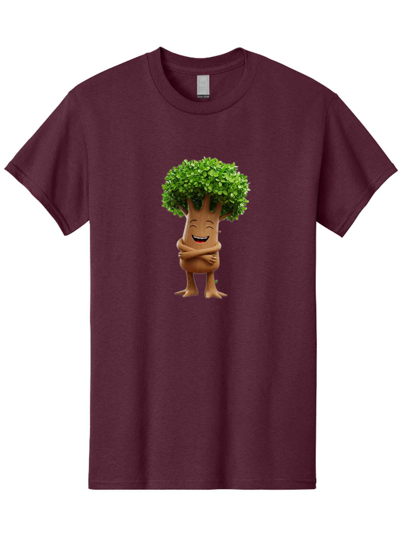 Tree-Character Men'S Graphic Tee, 100% Cotton, Comfortable Casual Summer Wear, Machine Washable, Cartoon Tree, Smiling Face, Happy Emotion, Green Leaves, Wooden Texture, Friendly Atmosphere, 3D Character, Eco-Friendly, Nature-Inspired, Bae308