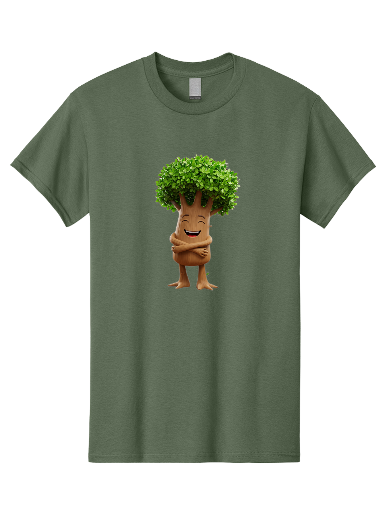 Tree-Character Men'S Graphic Tee, 100% Cotton, Comfortable Casual Summer Wear, Machine Washable, Cartoon Tree, Smiling Face, Happy Emotion, Green Leaves, Wooden Texture, Friendly Atmosphere, 3D Character, Eco-Friendly, Nature-Inspired, Bae308