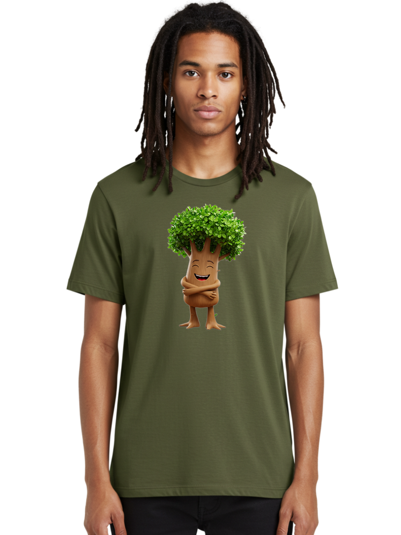 Tree-Character Men'S Graphic Tee, 100% Cotton, Comfortable Casual Summer Wear, Machine Washable, Cartoon Tree, Smiling Face, Happy Emotion, Green Leaves, Wooden Texture, Friendly Atmosphere, 3D Character, Eco-Friendly, Nature-Inspired, Bae308