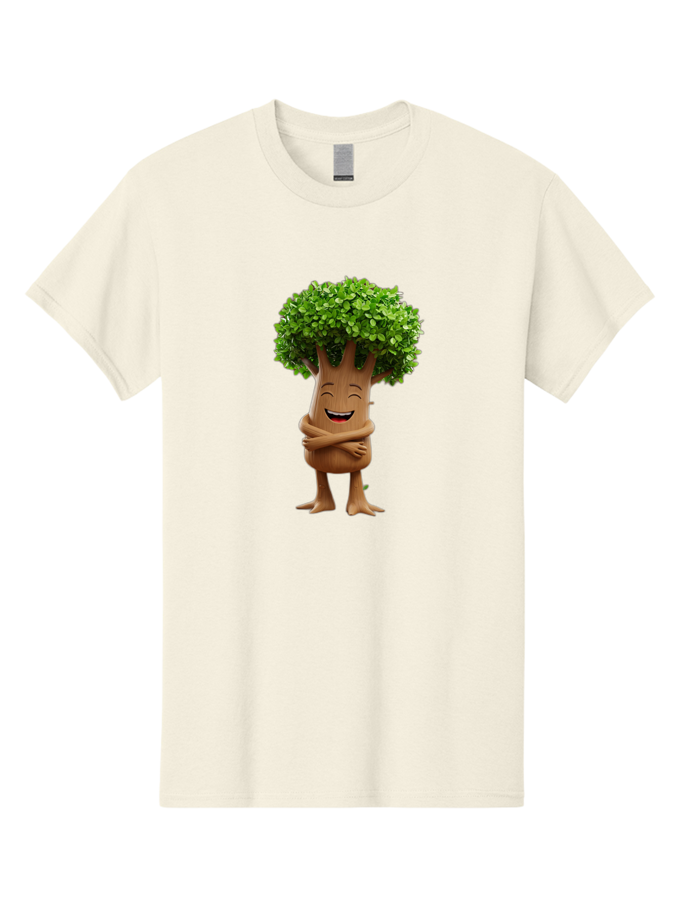 Tree-Character Men'S Graphic Tee, 100% Cotton, Comfortable Casual Summer Wear, Machine Washable, Cartoon Tree, Smiling Face, Happy Emotion, Green Leaves, Wooden Texture, Friendly Atmosphere, 3D Character, Eco-Friendly, Nature-Inspired, Bae308