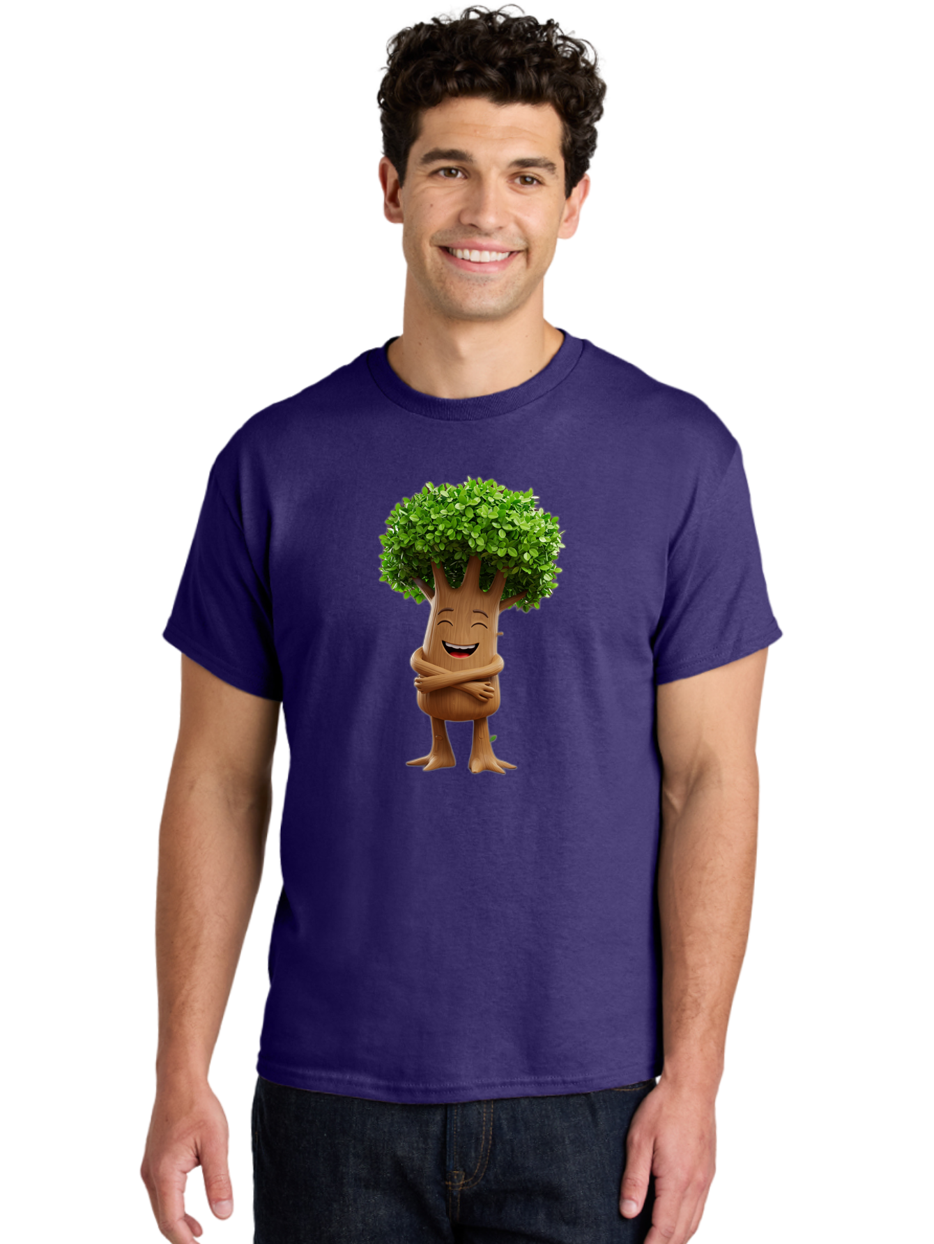 Tree-Character Men'S Graphic Tee, 100% Cotton, Comfortable Casual Summer Wear, Machine Washable, Cartoon Tree, Smiling Face, Happy Emotion, Green Leaves, Wooden Texture, Friendly Atmosphere, 3D Character, Eco-Friendly, Nature-Inspired, Bae308