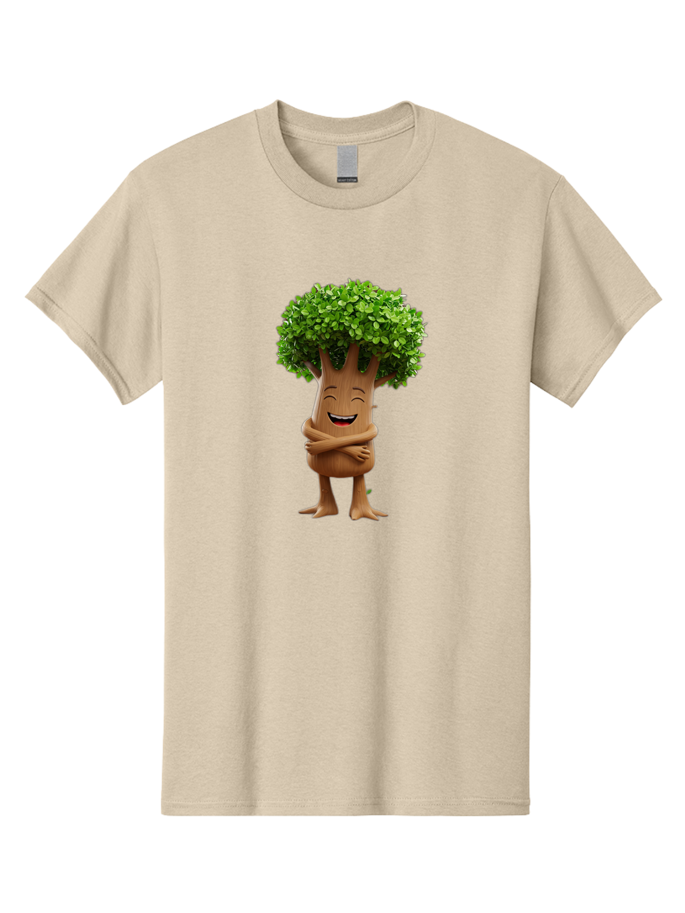 Tree-Character Men'S Graphic Tee, 100% Cotton, Comfortable Casual Summer Wear, Machine Washable, Cartoon Tree, Smiling Face, Happy Emotion, Green Leaves, Wooden Texture, Friendly Atmosphere, 3D Character, Eco-Friendly, Nature-Inspired, Bae308