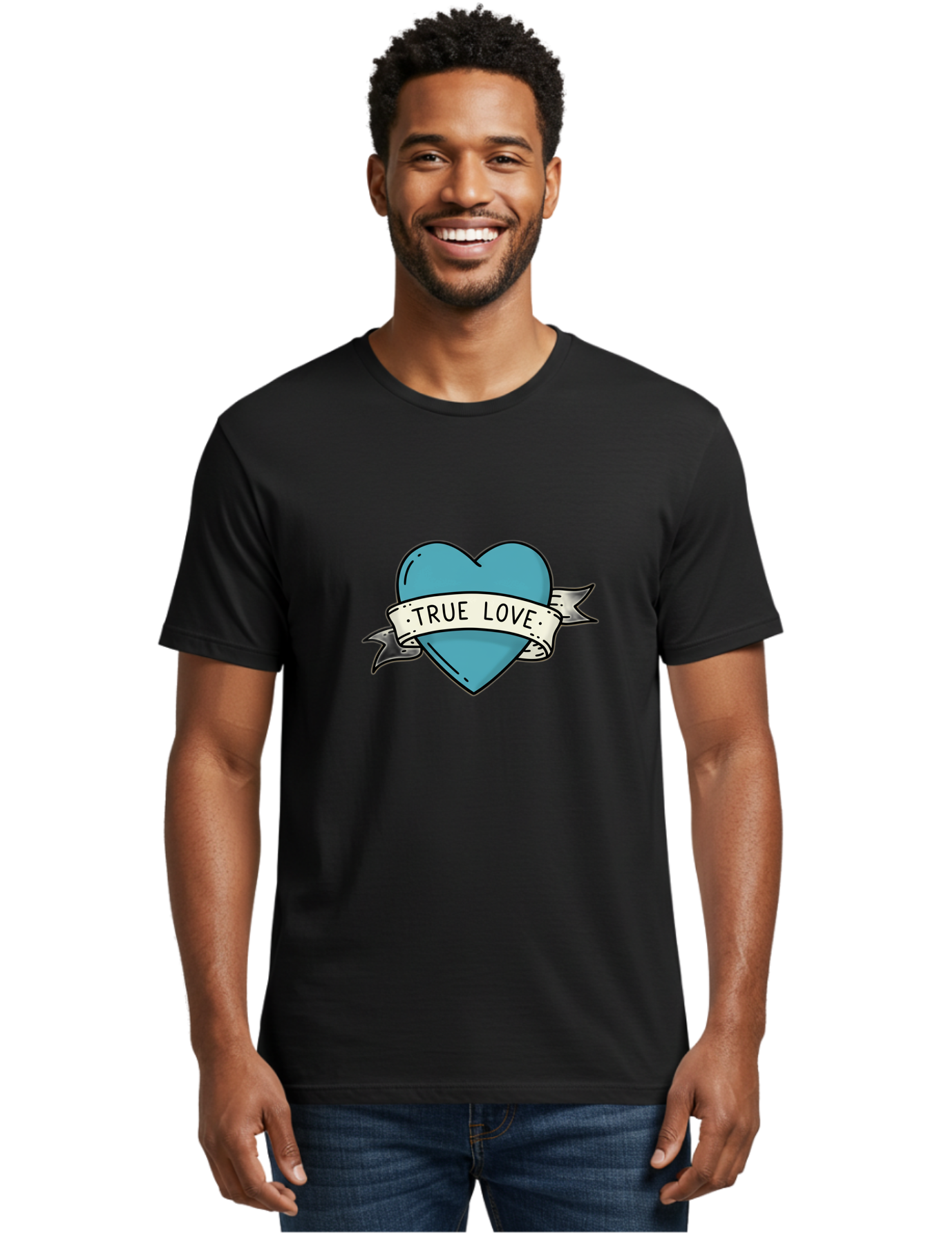 True-Love-1 Men'S Graphic Tee, 100% Cotton, Comfortable Casual Summer Wear, Machine Washable, Tattoo Heart Design, Blue Heart Illustration, True Love Symbol, Banner Wrapped Heart, Classic Tattoo Style, Simple Design Elements, Bae309