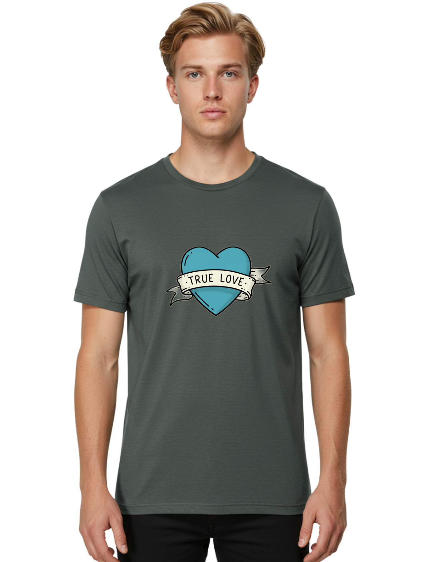 True-Love-1 Men'S Graphic Tee, 100% Cotton, Comfortable Casual Summer Wear, Machine Washable, Tattoo Heart Design, Blue Heart Illustration, True Love Symbol, Banner Wrapped Heart, Classic Tattoo Style, Simple Design Elements, Bae309