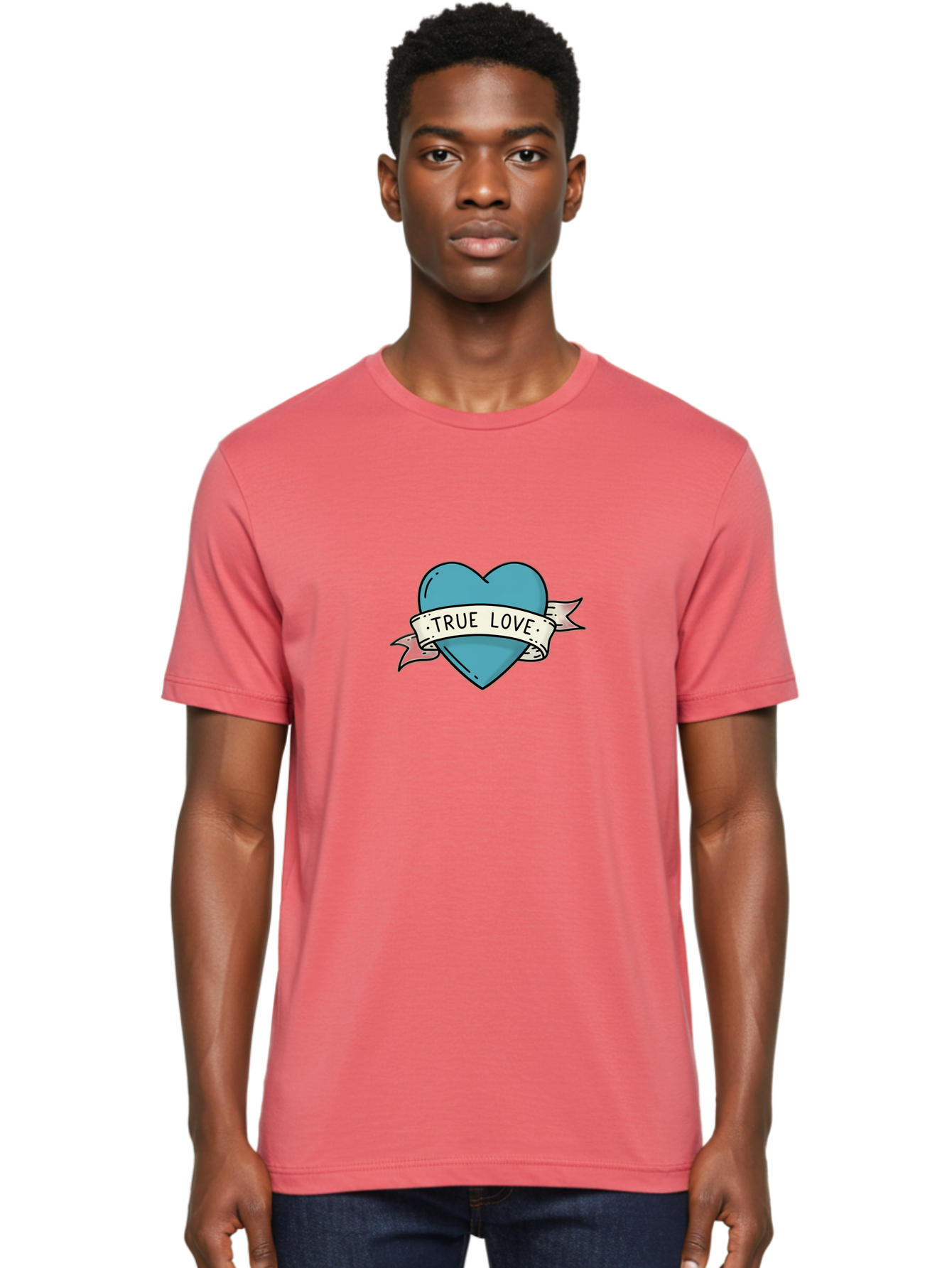 True-Love-1 Men'S Graphic Tee, 100% Cotton, Comfortable Casual Summer Wear, Machine Washable, Tattoo Heart Design, Blue Heart Illustration, True Love Symbol, Banner Wrapped Heart, Classic Tattoo Style, Simple Design Elements, Bae309