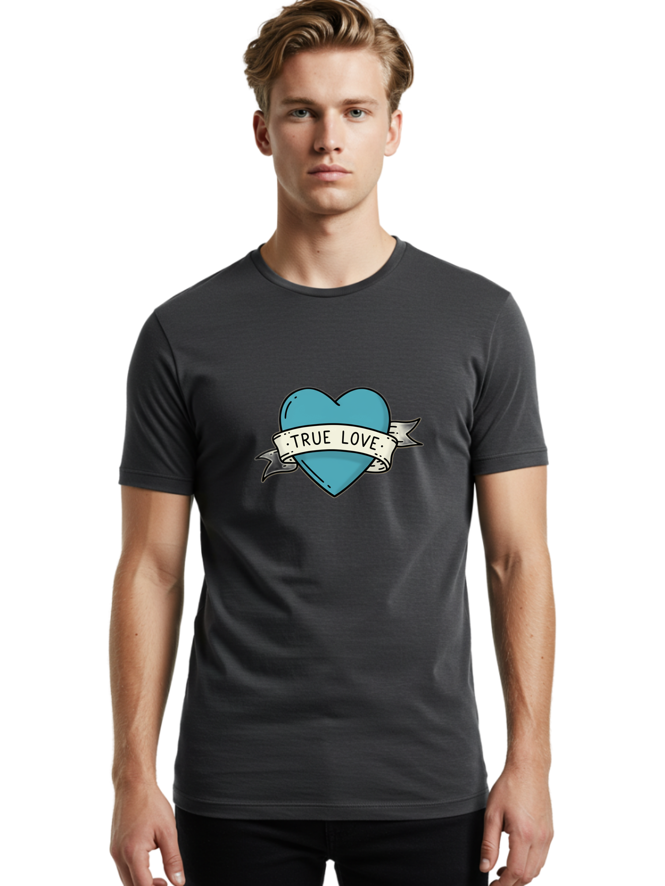 True-Love-1 Men'S Graphic Tee, 100% Cotton, Comfortable Casual Summer Wear, Machine Washable, Tattoo Heart Design, Blue Heart Illustration, True Love Symbol, Banner Wrapped Heart, Classic Tattoo Style, Simple Design Elements, Bae309