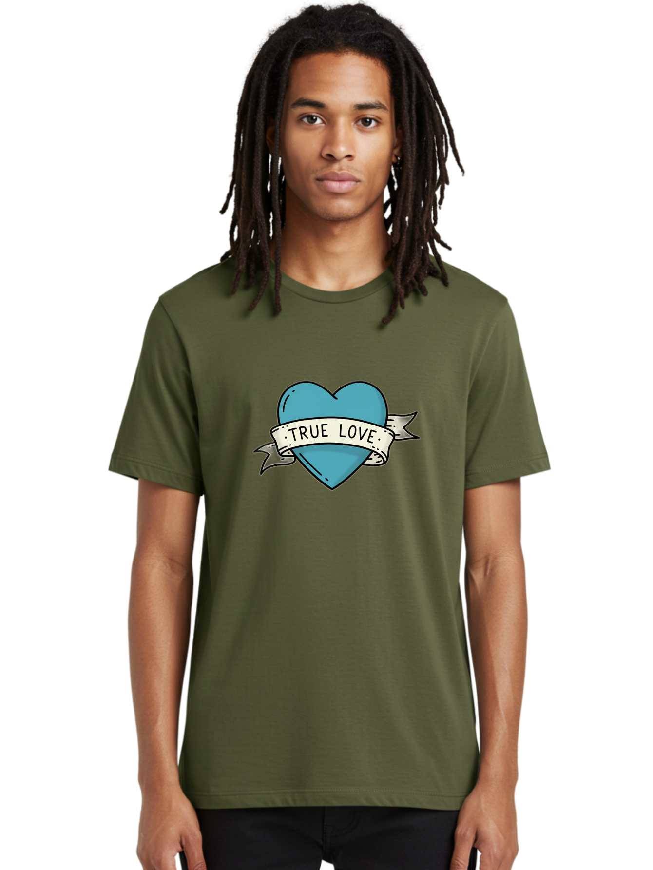 True-Love-1 Men'S Graphic Tee, 100% Cotton, Comfortable Casual Summer Wear, Machine Washable, Tattoo Heart Design, Blue Heart Illustration, True Love Symbol, Banner Wrapped Heart, Classic Tattoo Style, Simple Design Elements, Bae309