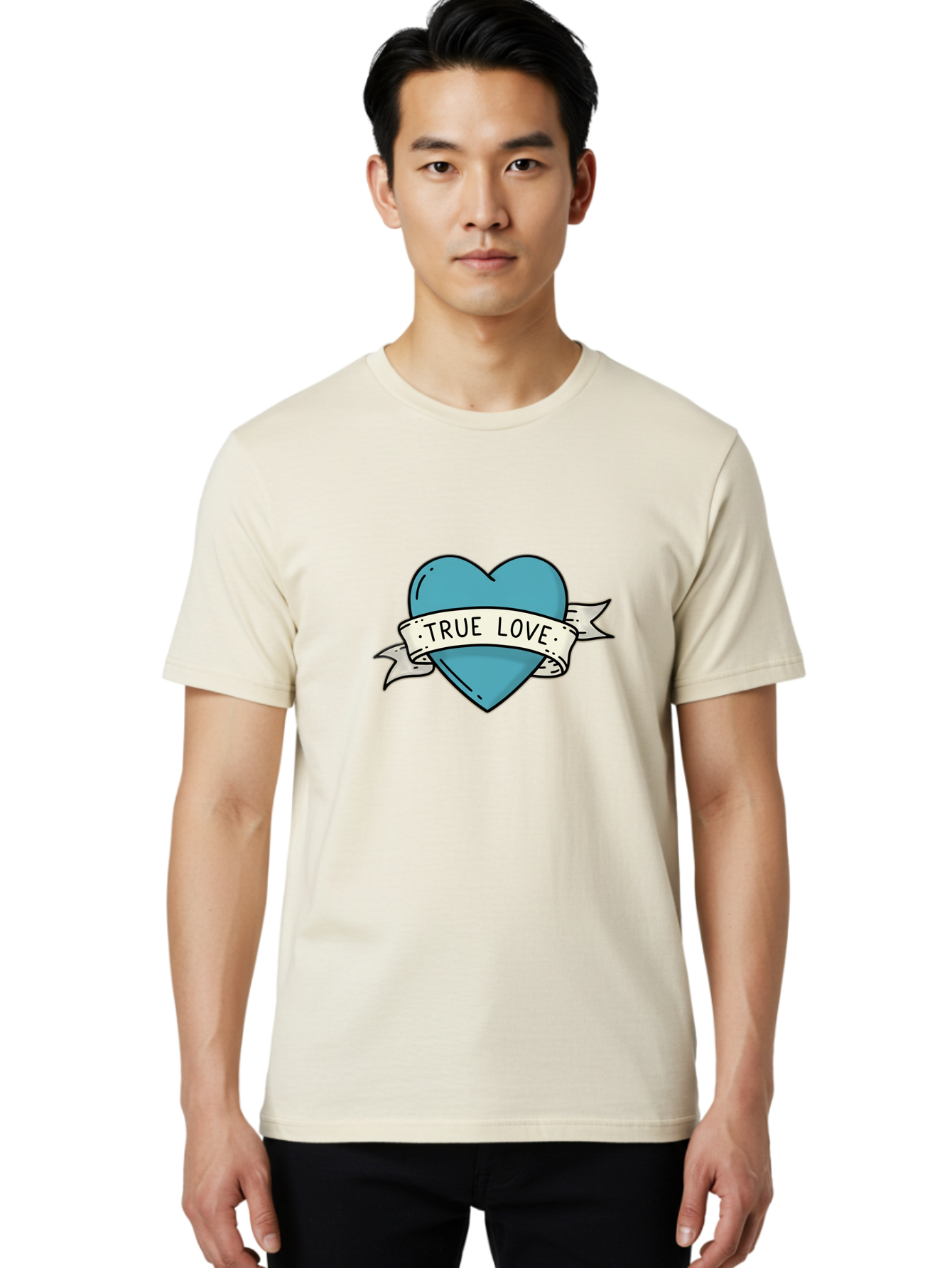 True-Love-1 Men'S Graphic Tee, 100% Cotton, Comfortable Casual Summer Wear, Machine Washable, Tattoo Heart Design, Blue Heart Illustration, True Love Symbol, Banner Wrapped Heart, Classic Tattoo Style, Simple Design Elements, Bae309