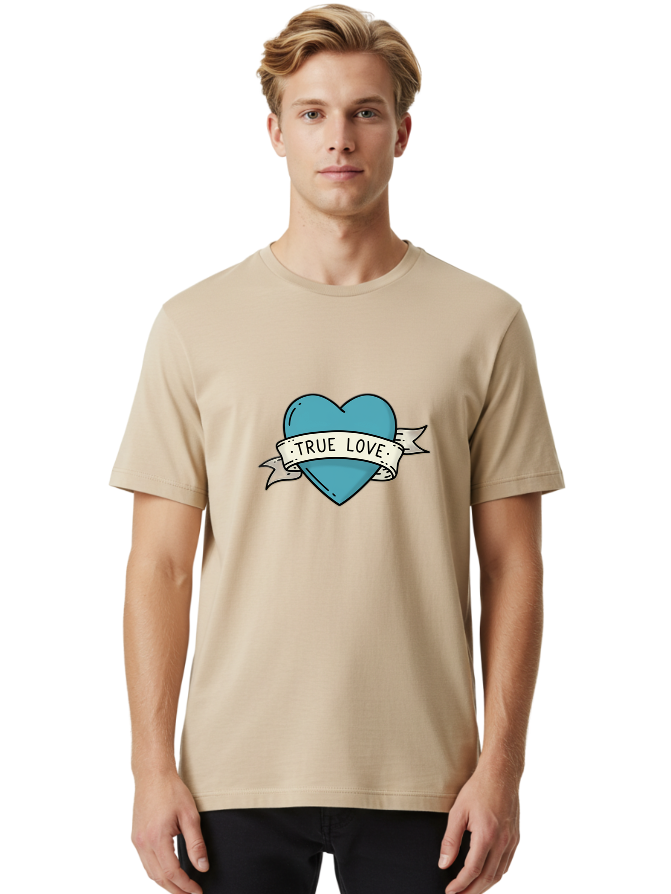 True-Love-1 Men'S Graphic Tee, 100% Cotton, Comfortable Casual Summer Wear, Machine Washable, Tattoo Heart Design, Blue Heart Illustration, True Love Symbol, Banner Wrapped Heart, Classic Tattoo Style, Simple Design Elements, Bae309