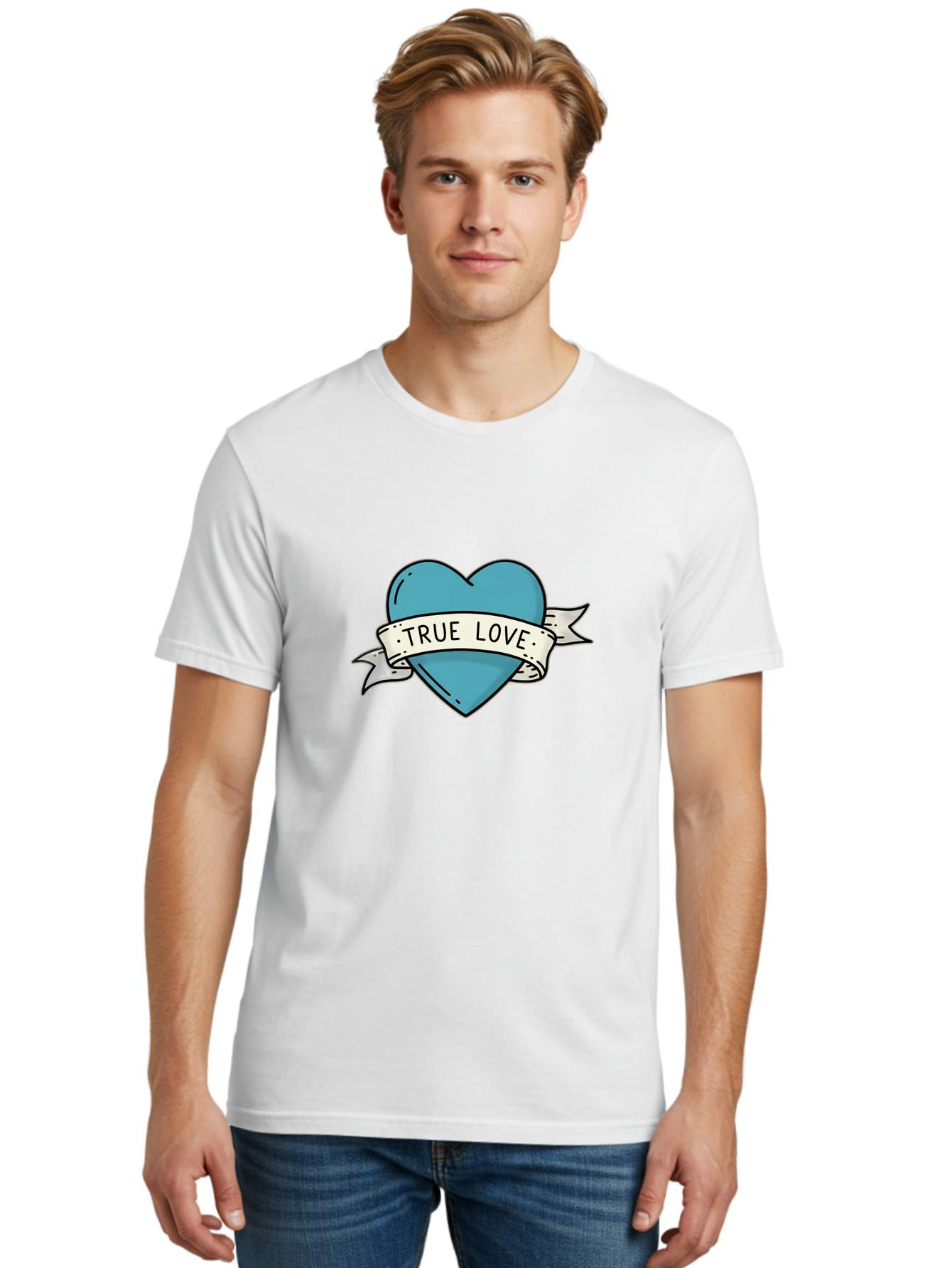 True-Love-1 Men'S Graphic Tee, 100% Cotton, Comfortable Casual Summer Wear, Machine Washable, Tattoo Heart Design, Blue Heart Illustration, True Love Symbol, Banner Wrapped Heart, Classic Tattoo Style, Simple Design Elements, Bae309