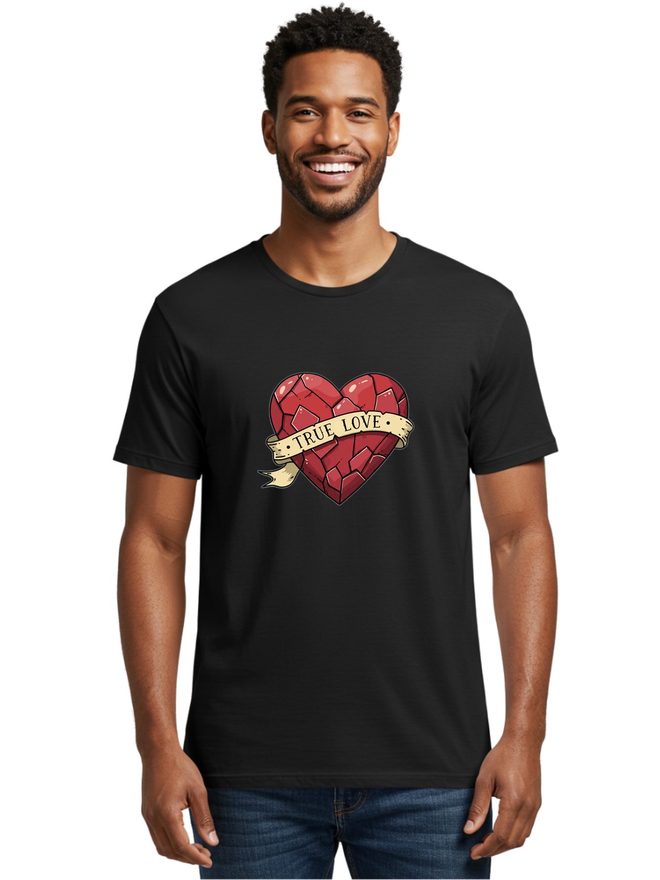 True-Love-10 Men'S Graphic Tee, 100% Cotton, Comfortable Casual Summer Wear, Machine Washable, Shattered Heart, Broken Heart, True Love, Vintage Style, Tattoo Art, Heartbreak, Love Symbol, Red Heart, Beige Ribbon Bae310