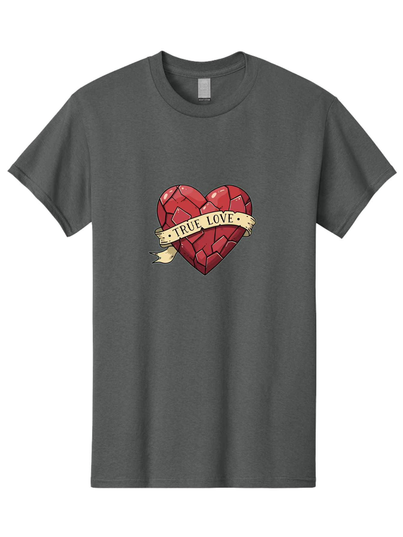 True-Love-10 Men'S Graphic Tee, 100% Cotton, Comfortable Casual Summer Wear, Machine Washable, Shattered Heart, Broken Heart, True Love, Vintage Style, Tattoo Art, Heartbreak, Love Symbol, Red Heart, Beige Ribbon Bae310