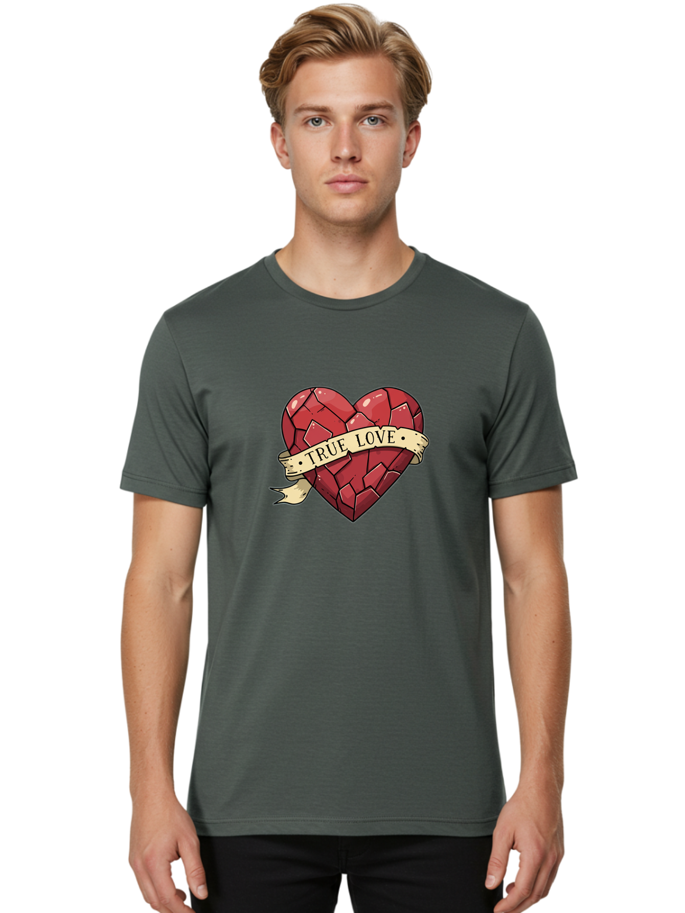 True-Love-10 Men'S Graphic Tee, 100% Cotton, Comfortable Casual Summer Wear, Machine Washable, Shattered Heart, Broken Heart, True Love, Vintage Style, Tattoo Art, Heartbreak, Love Symbol, Red Heart, Beige Ribbon Bae310