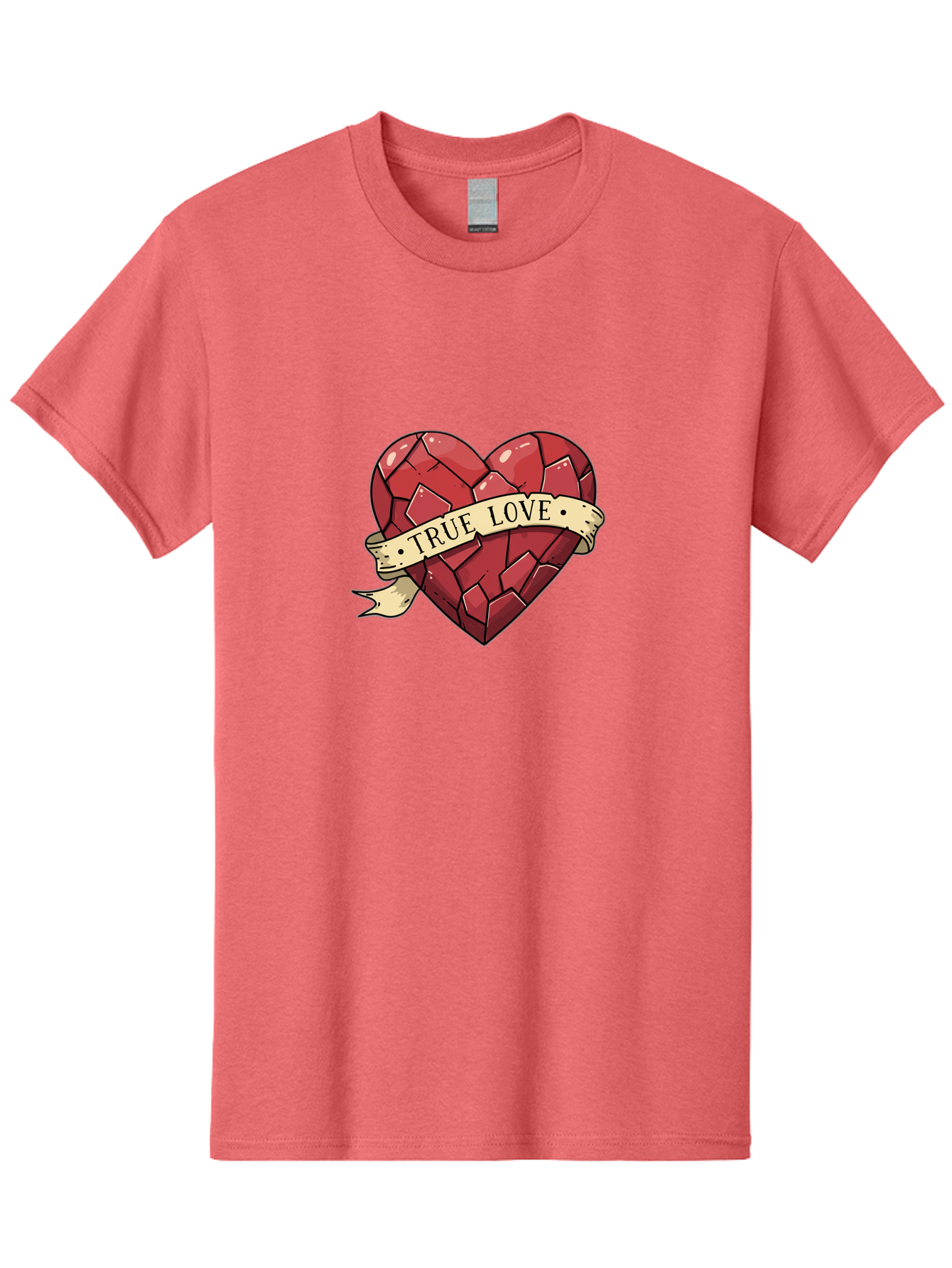 True-Love-10 Men'S Graphic Tee, 100% Cotton, Comfortable Casual Summer Wear, Machine Washable, Shattered Heart, Broken Heart, True Love, Vintage Style, Tattoo Art, Heartbreak, Love Symbol, Red Heart, Beige Ribbon Bae310