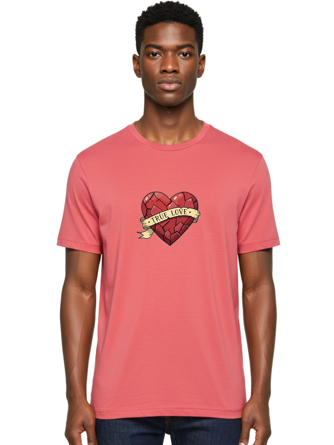 True-Love-10 Men'S Graphic Tee, 100% Cotton, Comfortable Casual Summer Wear, Machine Washable, Shattered Heart, Broken Heart, True Love, Vintage Style, Tattoo Art, Heartbreak, Love Symbol, Red Heart, Beige Ribbon Bae310