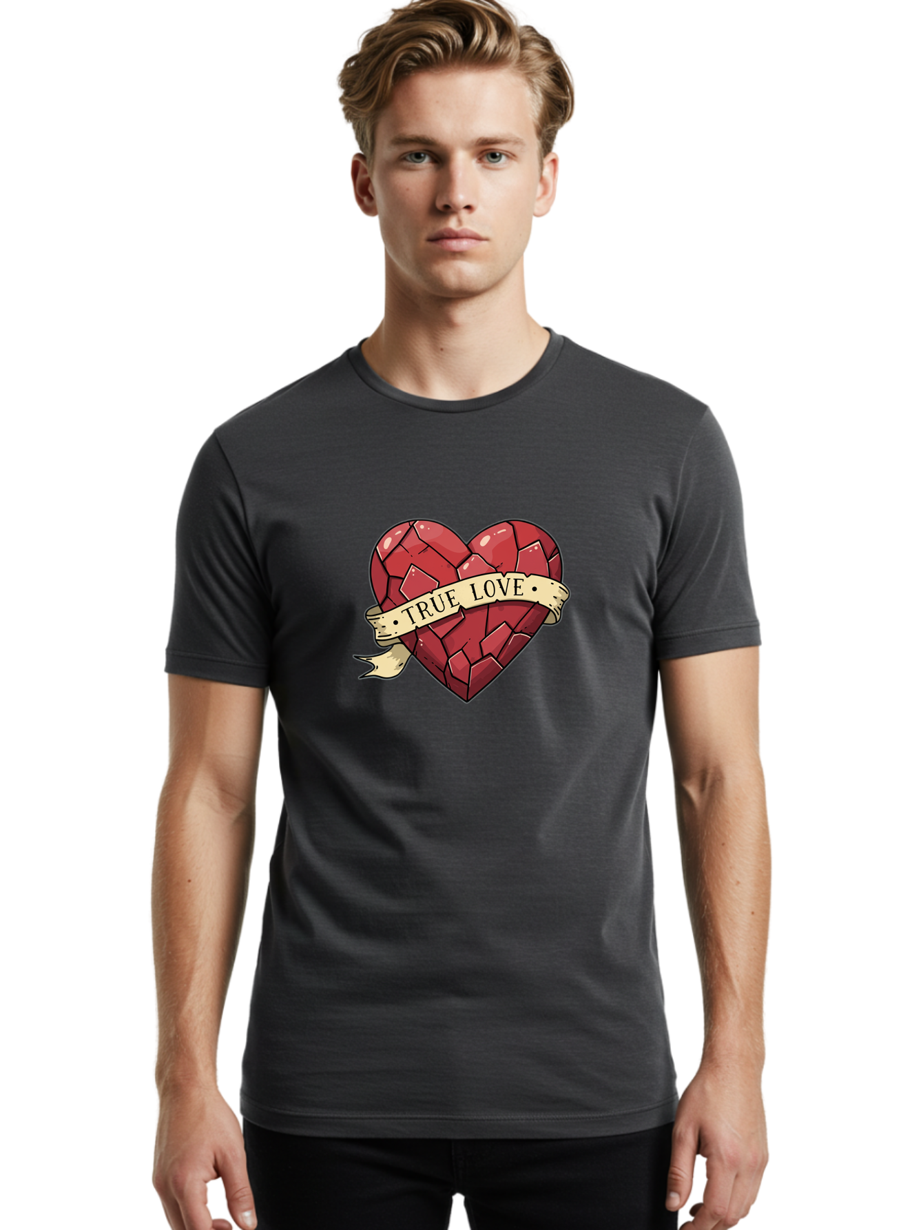 True-Love-10 Men'S Graphic Tee, 100% Cotton, Comfortable Casual Summer Wear, Machine Washable, Shattered Heart, Broken Heart, True Love, Vintage Style, Tattoo Art, Heartbreak, Love Symbol, Red Heart, Beige Ribbon Bae310