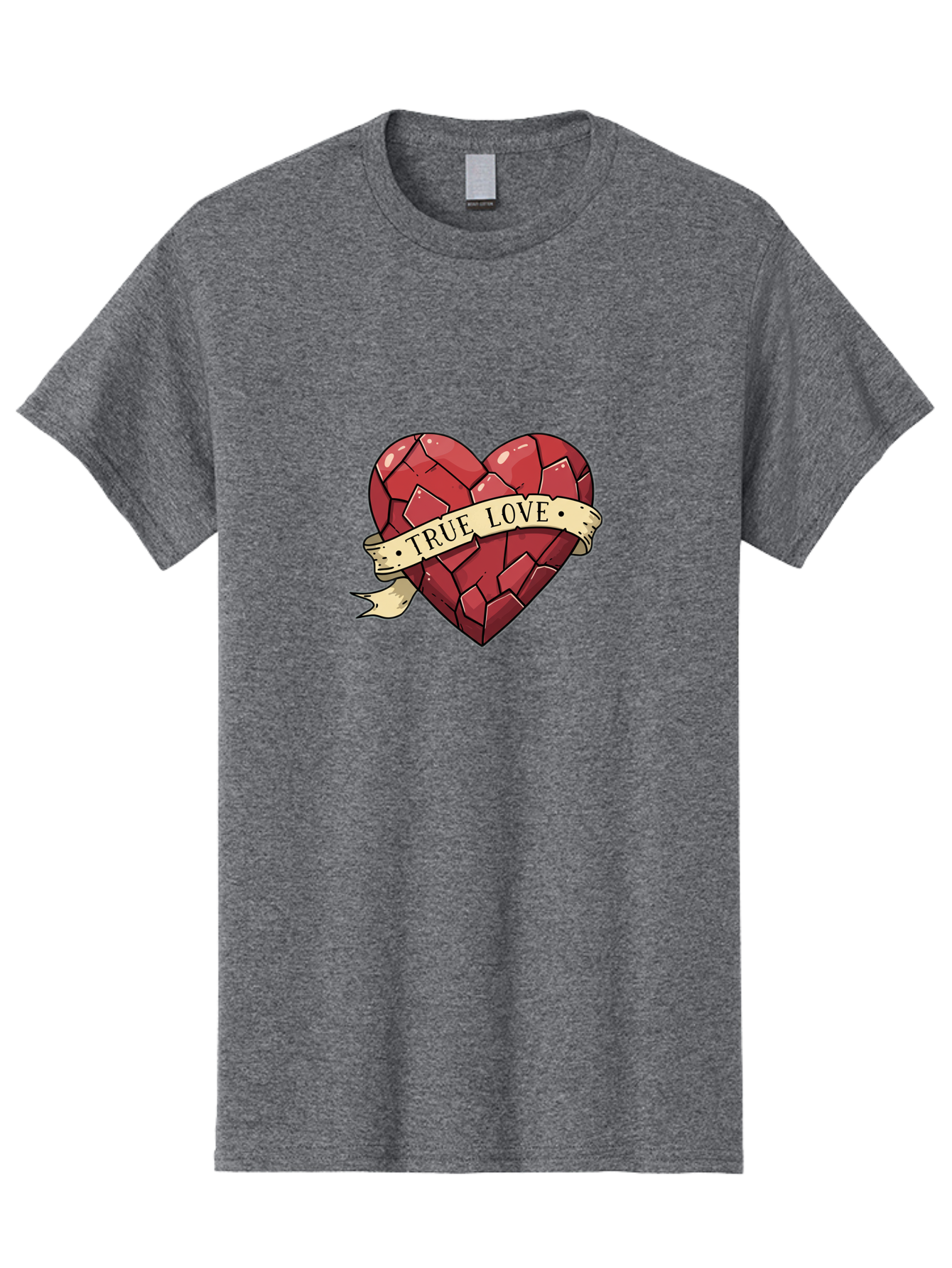 True-Love-10 Men'S Graphic Tee, 100% Cotton, Comfortable Casual Summer Wear, Machine Washable, Shattered Heart, Broken Heart, True Love, Vintage Style, Tattoo Art, Heartbreak, Love Symbol, Red Heart, Beige Ribbon Bae310