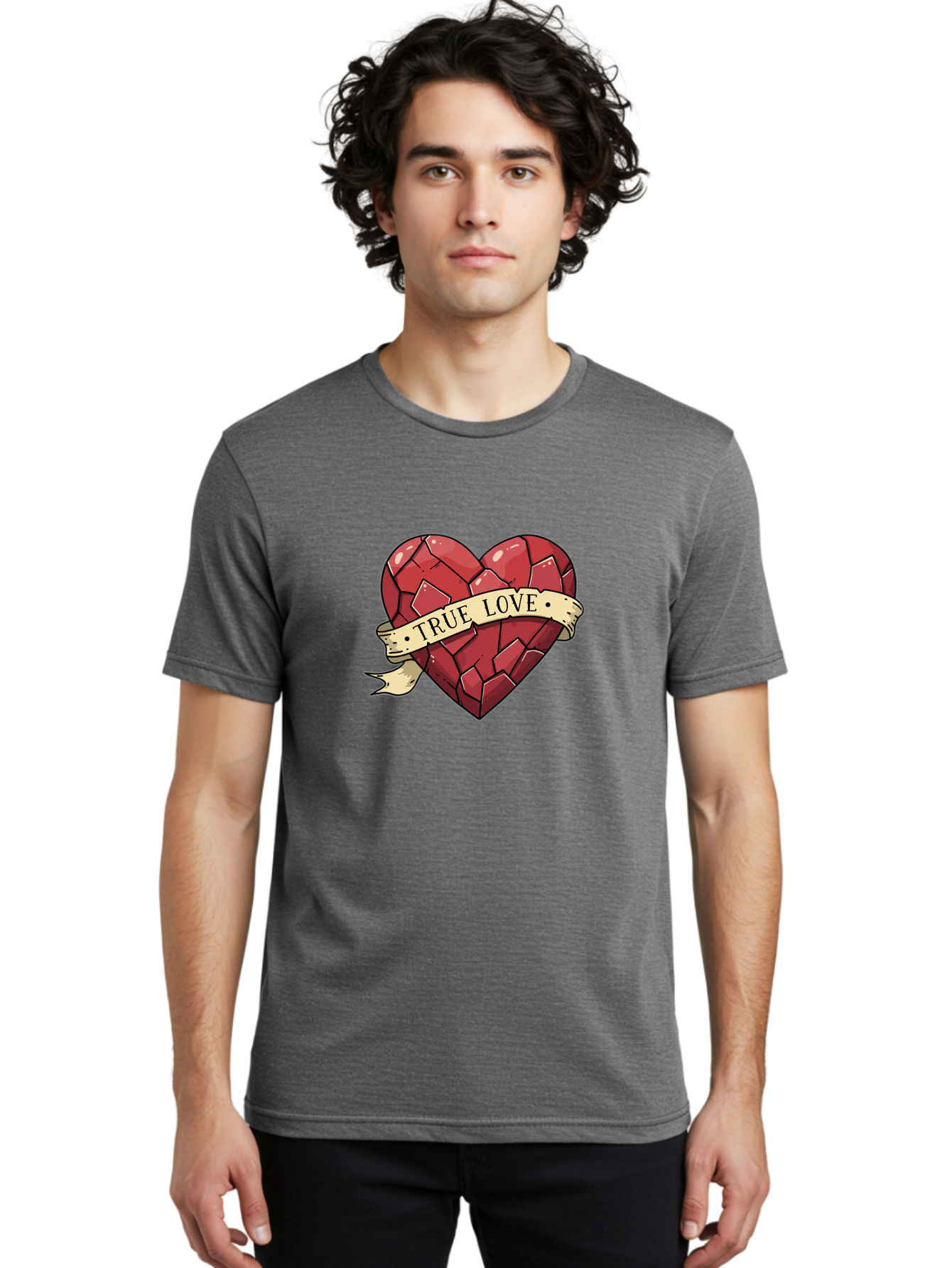 True-Love-10 Men'S Graphic Tee, 100% Cotton, Comfortable Casual Summer Wear, Machine Washable, Shattered Heart, Broken Heart, True Love, Vintage Style, Tattoo Art, Heartbreak, Love Symbol, Red Heart, Beige Ribbon Bae310