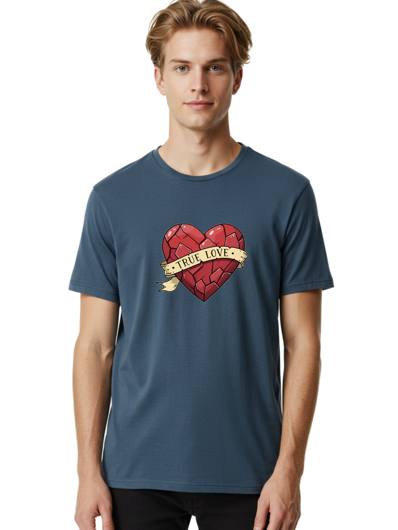 True-Love-10 Men'S Graphic Tee, 100% Cotton, Comfortable Casual Summer Wear, Machine Washable, Shattered Heart, Broken Heart, True Love, Vintage Style, Tattoo Art, Heartbreak, Love Symbol, Red Heart, Beige Ribbon Bae310