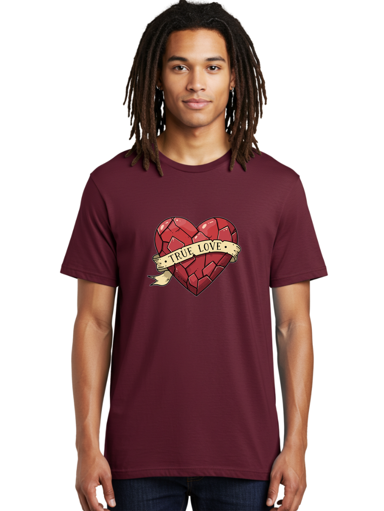 True-Love-10 Men'S Graphic Tee, 100% Cotton, Comfortable Casual Summer Wear, Machine Washable, Shattered Heart, Broken Heart, True Love, Vintage Style, Tattoo Art, Heartbreak, Love Symbol, Red Heart, Beige Ribbon Bae310