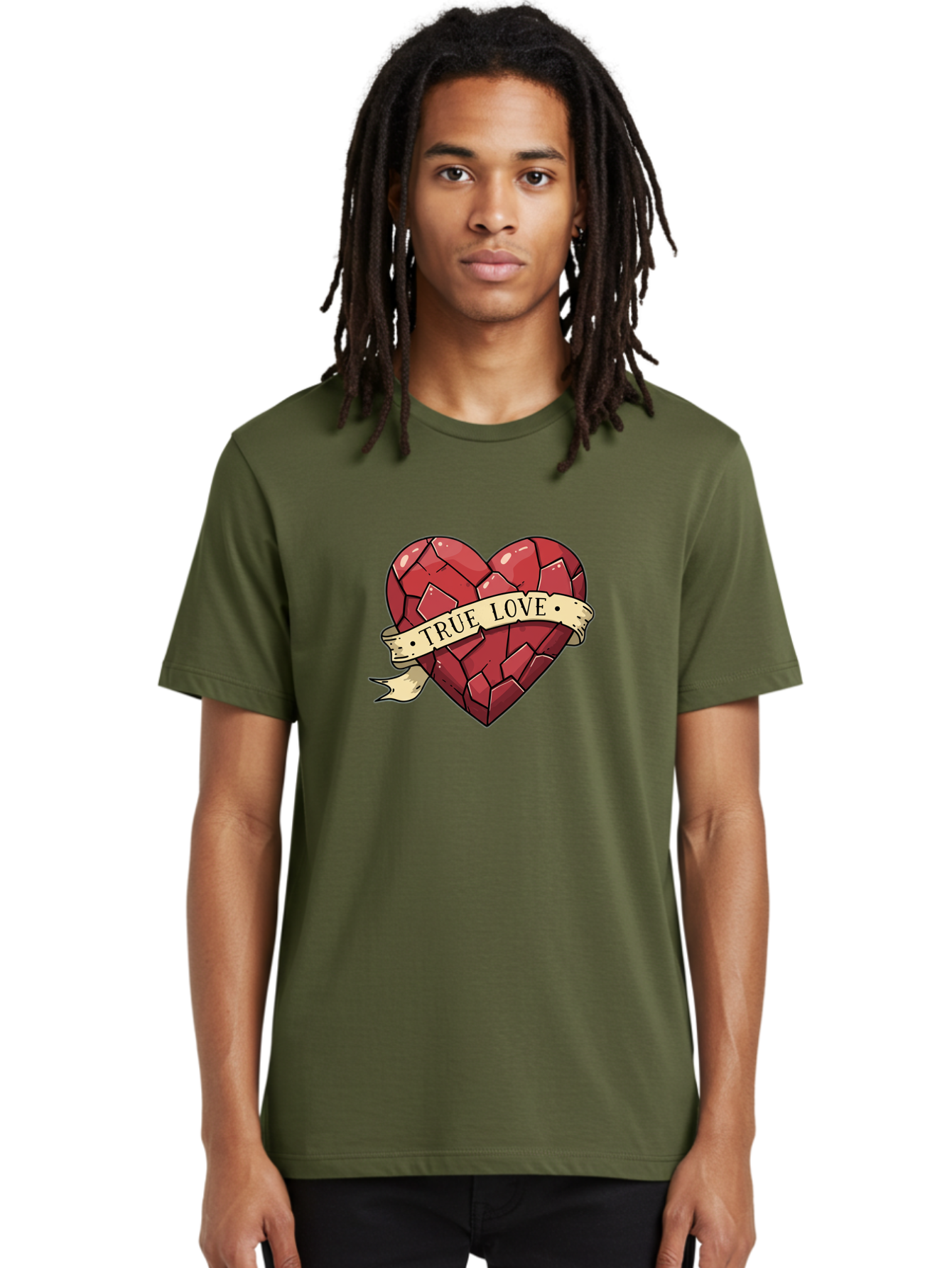 True-Love-10 Men'S Graphic Tee, 100% Cotton, Comfortable Casual Summer Wear, Machine Washable, Shattered Heart, Broken Heart, True Love, Vintage Style, Tattoo Art, Heartbreak, Love Symbol, Red Heart, Beige Ribbon Bae310