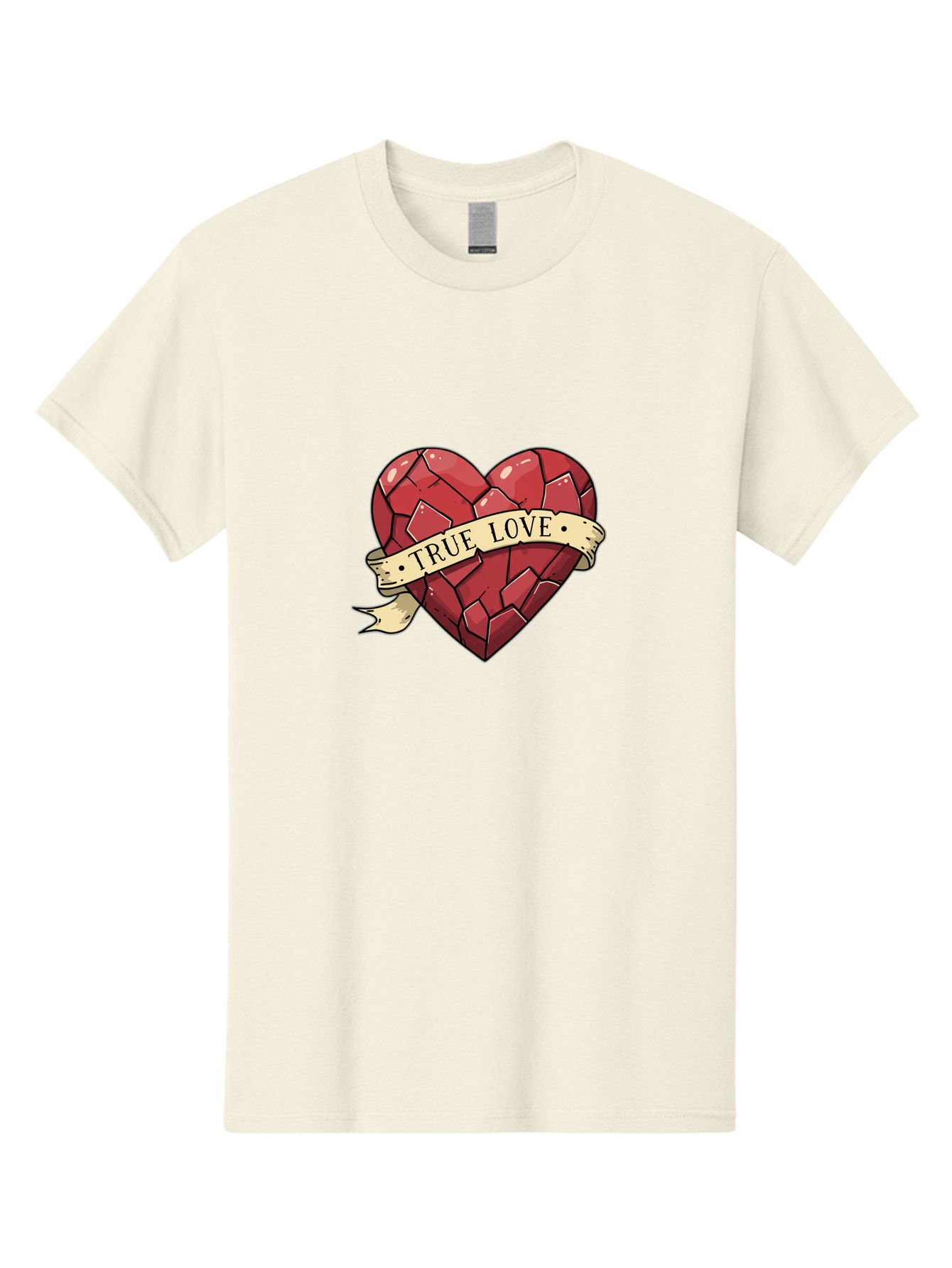 True-Love-10 Men'S Graphic Tee, 100% Cotton, Comfortable Casual Summer Wear, Machine Washable, Shattered Heart, Broken Heart, True Love, Vintage Style, Tattoo Art, Heartbreak, Love Symbol, Red Heart, Beige Ribbon Bae310