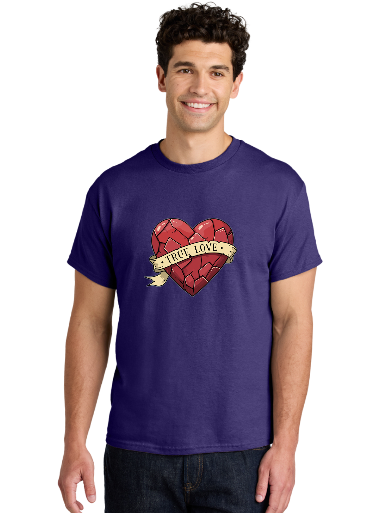True-Love-10 Men'S Graphic Tee, 100% Cotton, Comfortable Casual Summer Wear, Machine Washable, Shattered Heart, Broken Heart, True Love, Vintage Style, Tattoo Art, Heartbreak, Love Symbol, Red Heart, Beige Ribbon Bae310