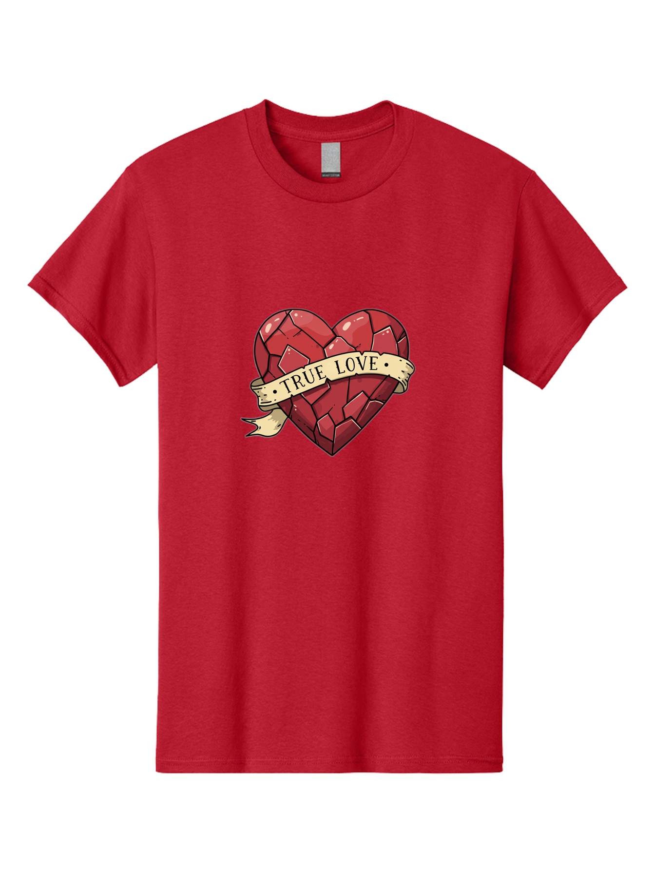 True-Love-10 Men'S Graphic Tee, 100% Cotton, Comfortable Casual Summer Wear, Machine Washable, Shattered Heart, Broken Heart, True Love, Vintage Style, Tattoo Art, Heartbreak, Love Symbol, Red Heart, Beige Ribbon Bae310
