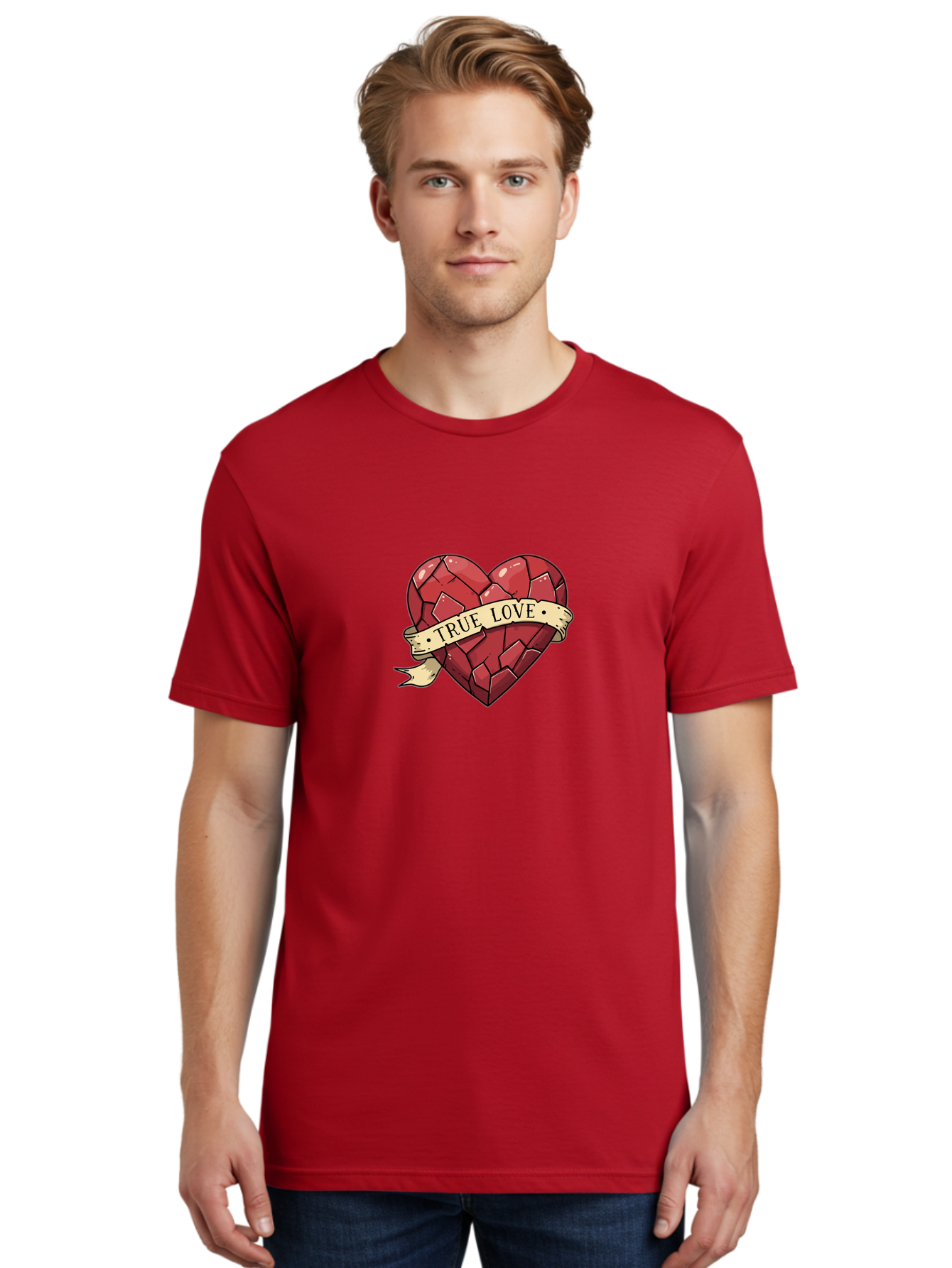True-Love-10 Men'S Graphic Tee, 100% Cotton, Comfortable Casual Summer Wear, Machine Washable, Shattered Heart, Broken Heart, True Love, Vintage Style, Tattoo Art, Heartbreak, Love Symbol, Red Heart, Beige Ribbon Bae310