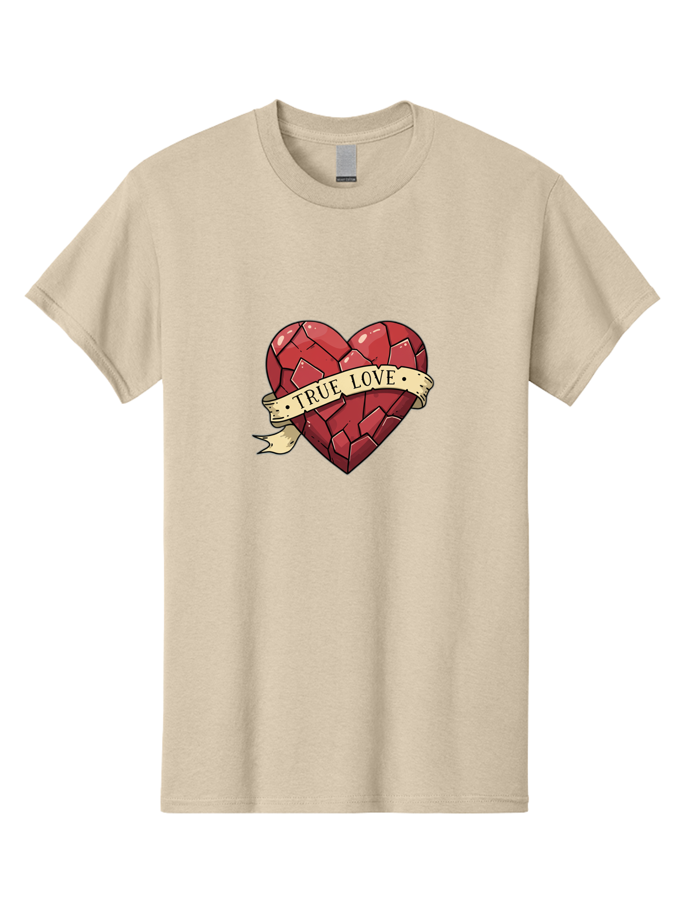 True-Love-10 Men'S Graphic Tee, 100% Cotton, Comfortable Casual Summer Wear, Machine Washable, Shattered Heart, Broken Heart, True Love, Vintage Style, Tattoo Art, Heartbreak, Love Symbol, Red Heart, Beige Ribbon Bae310