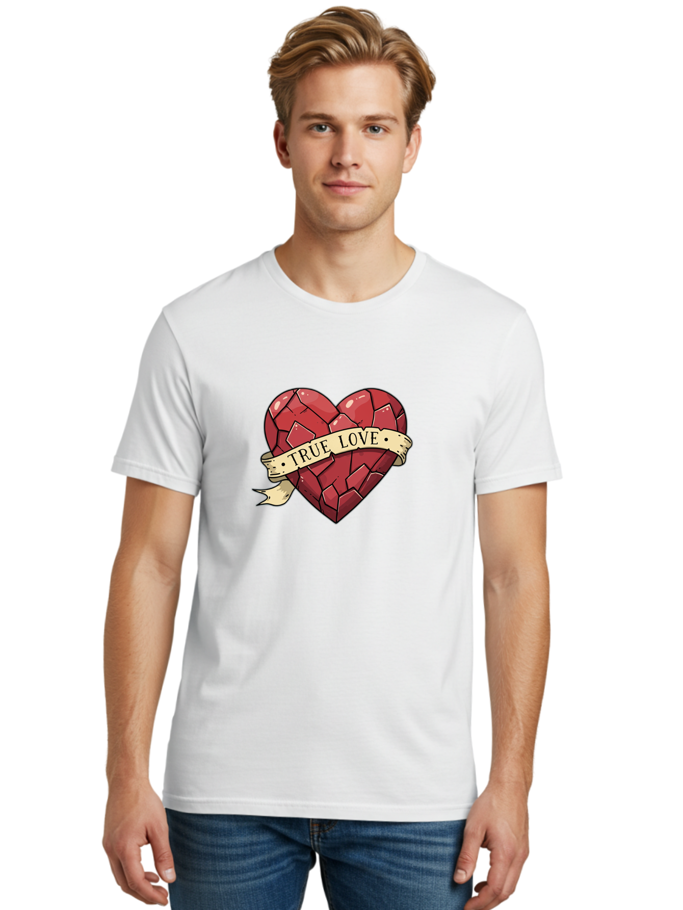 True-Love-10 Men'S Graphic Tee, 100% Cotton, Comfortable Casual Summer Wear, Machine Washable, Shattered Heart, Broken Heart, True Love, Vintage Style, Tattoo Art, Heartbreak, Love Symbol, Red Heart, Beige Ribbon Bae310