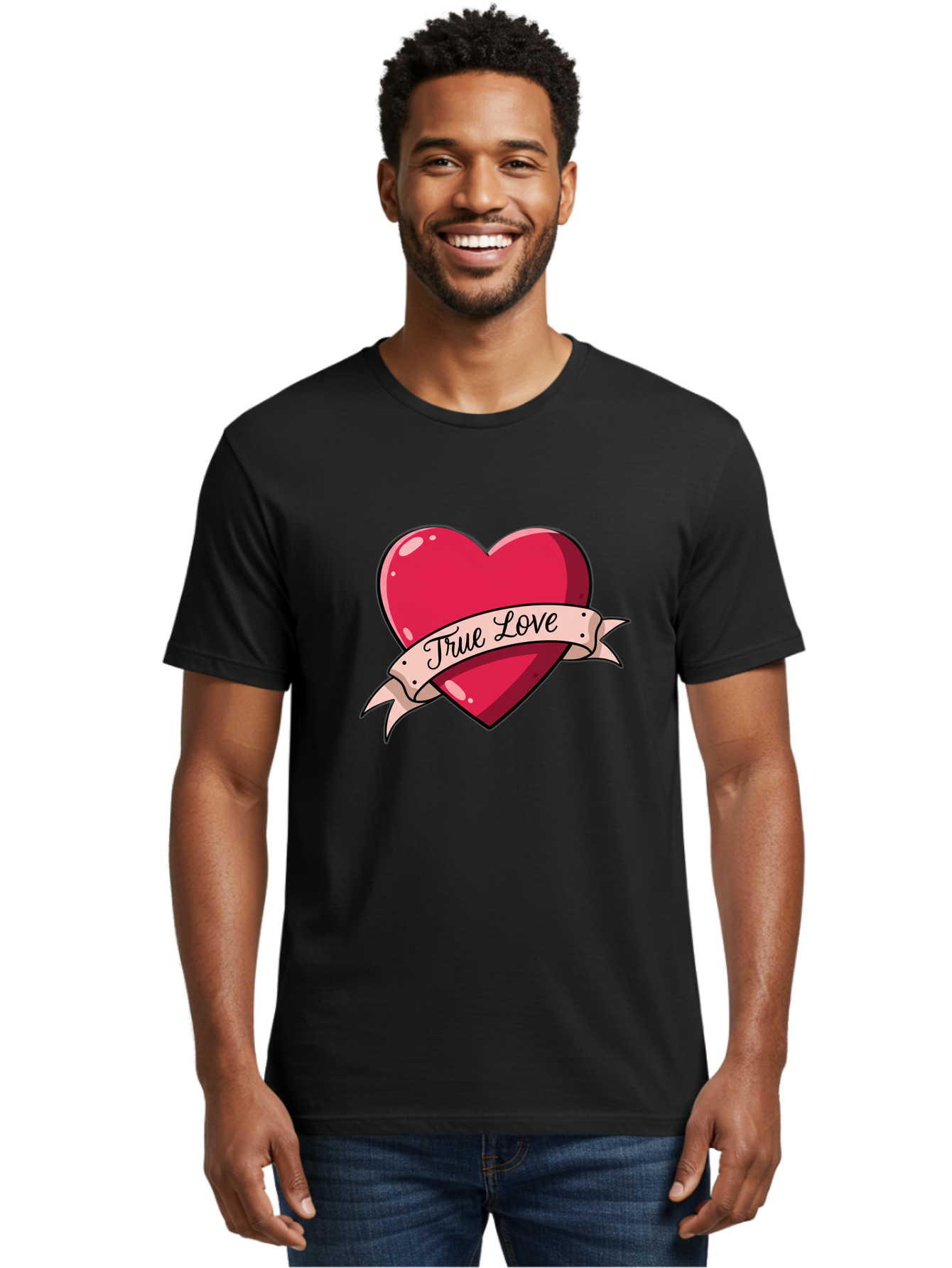 True-Love-2 Men'S Graphic Tee, 100% Cotton, Comfortable Casual Summer Wear, Machine Washable, Sweetheart Tattoo Design, Heart With Ribbon, True Love Phrase, Tattoo Art, Valentine Symbol, Love Heart Bae311