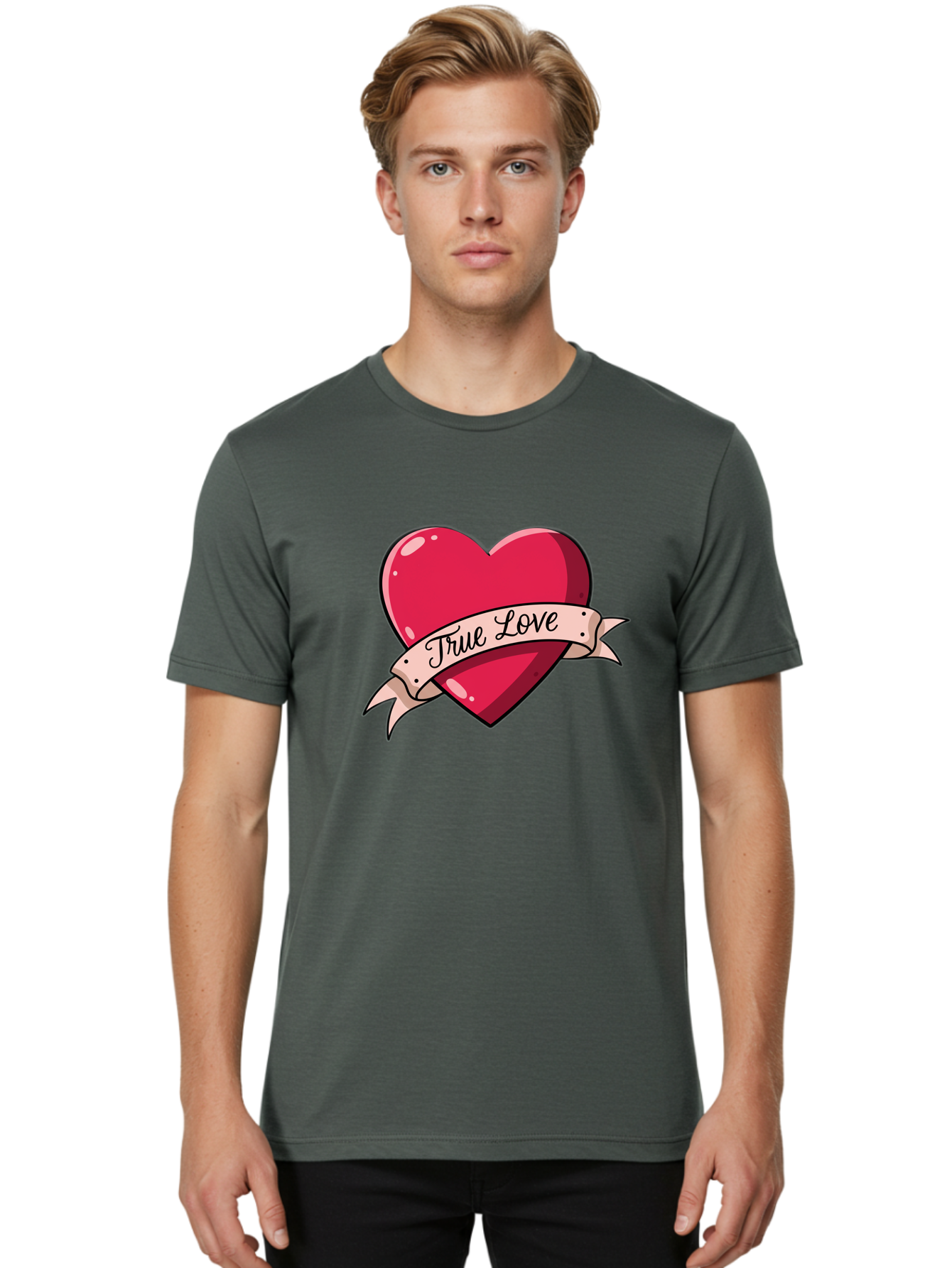 True-Love-2 Men'S Graphic Tee, 100% Cotton, Comfortable Casual Summer Wear, Machine Washable, Sweetheart Tattoo Design, Heart With Ribbon, True Love Phrase, Tattoo Art, Valentine Symbol, Love Heart Bae311