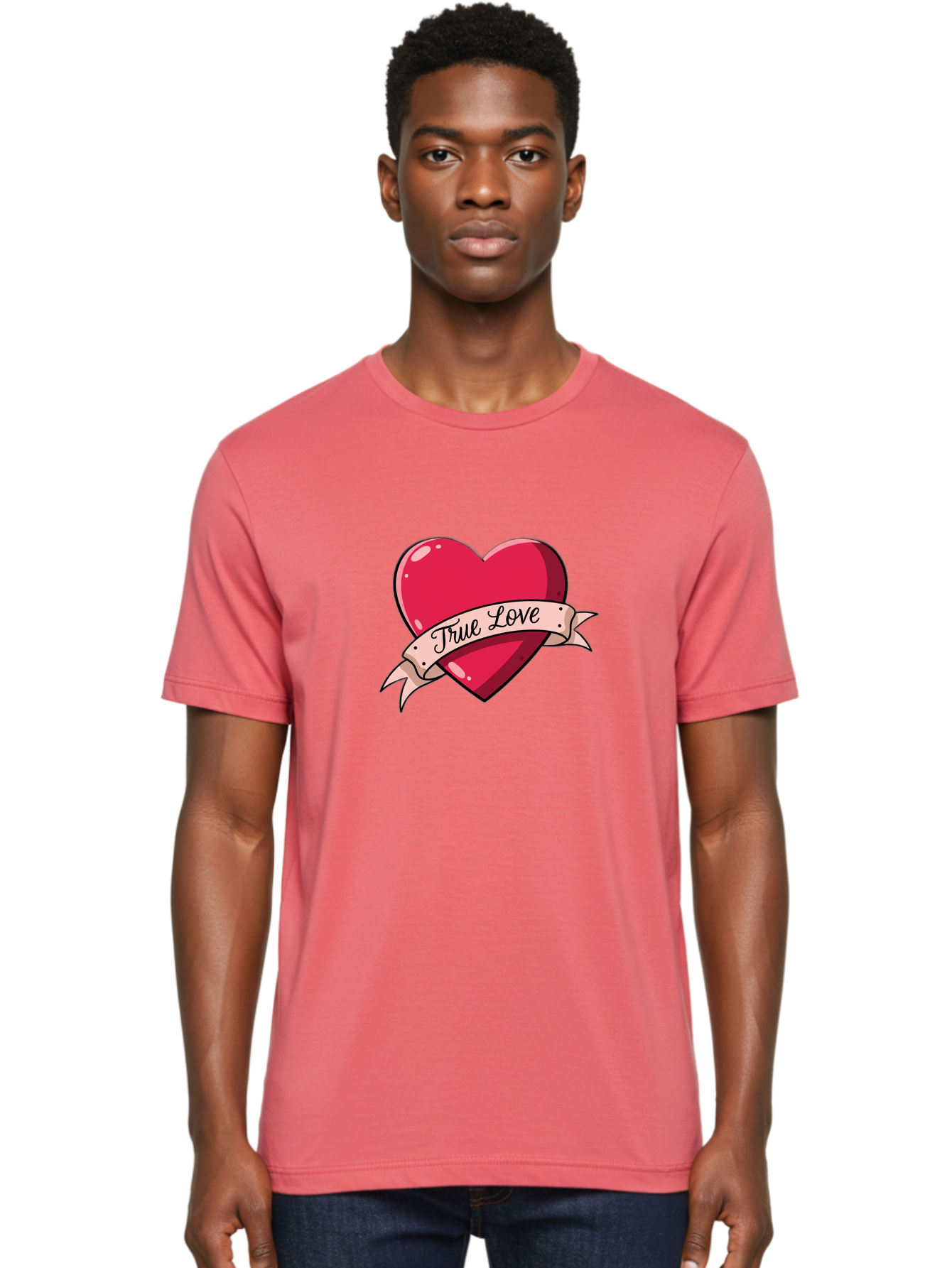 True-Love-2 Men'S Graphic Tee, 100% Cotton, Comfortable Casual Summer Wear, Machine Washable, Sweetheart Tattoo Design, Heart With Ribbon, True Love Phrase, Tattoo Art, Valentine Symbol, Love Heart Bae311