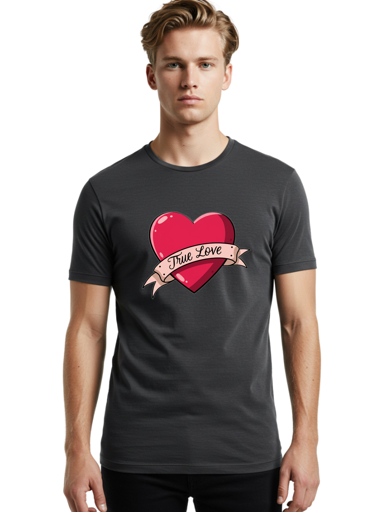 True-Love-2 Men'S Graphic Tee, 100% Cotton, Comfortable Casual Summer Wear, Machine Washable, Sweetheart Tattoo Design, Heart With Ribbon, True Love Phrase, Tattoo Art, Valentine Symbol, Love Heart Bae311