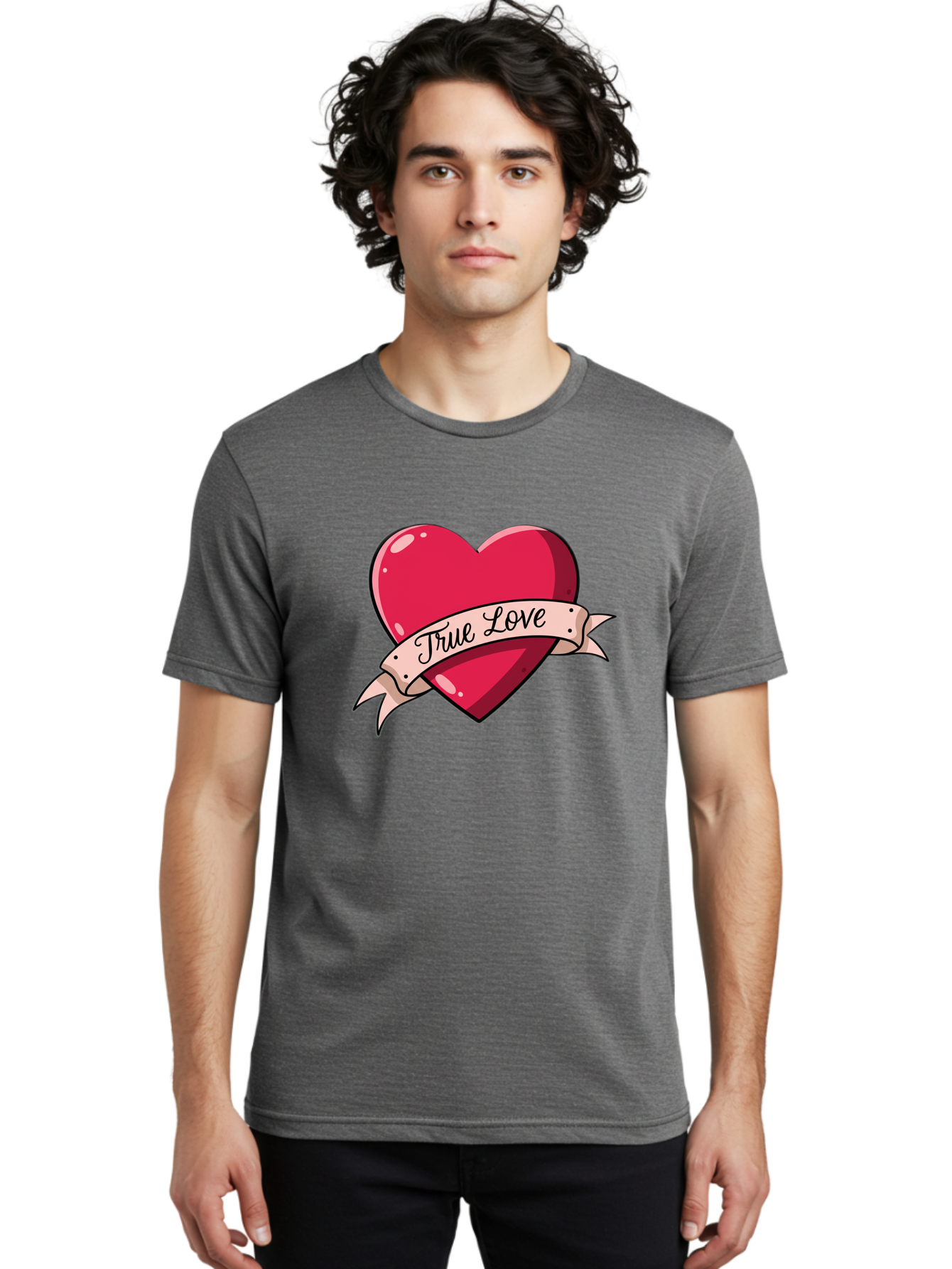 True-Love-2 Men'S Graphic Tee, 100% Cotton, Comfortable Casual Summer Wear, Machine Washable, Sweetheart Tattoo Design, Heart With Ribbon, True Love Phrase, Tattoo Art, Valentine Symbol, Love Heart Bae311