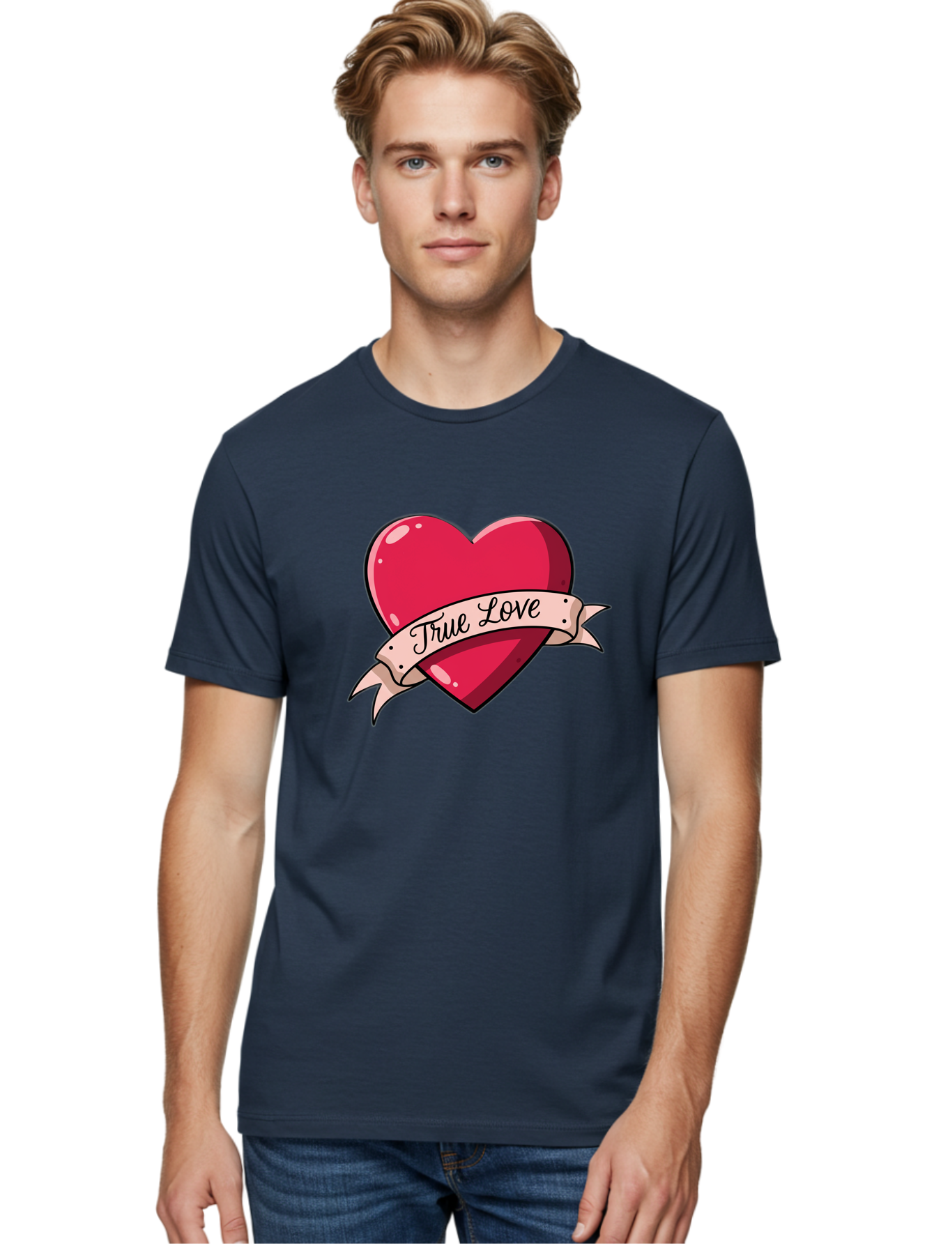 True-Love-2 Men'S Graphic Tee, 100% Cotton, Comfortable Casual Summer Wear, Machine Washable, Sweetheart Tattoo Design, Heart With Ribbon, True Love Phrase, Tattoo Art, Valentine Symbol, Love Heart Bae311
