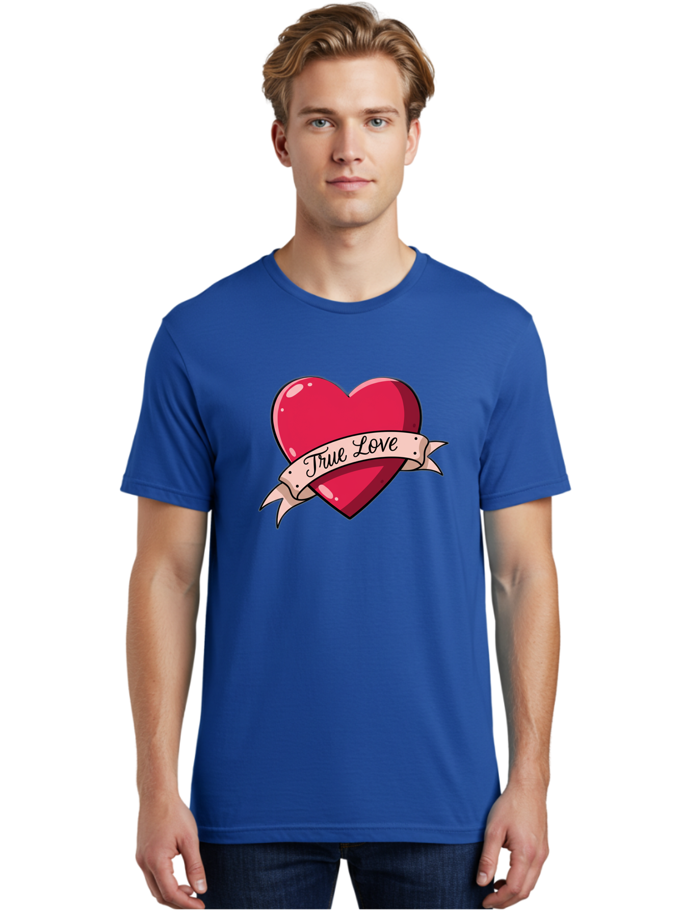 True-Love-2 Men'S Graphic Tee, 100% Cotton, Comfortable Casual Summer Wear, Machine Washable, Sweetheart Tattoo Design, Heart With Ribbon, True Love Phrase, Tattoo Art, Valentine Symbol, Love Heart Bae311