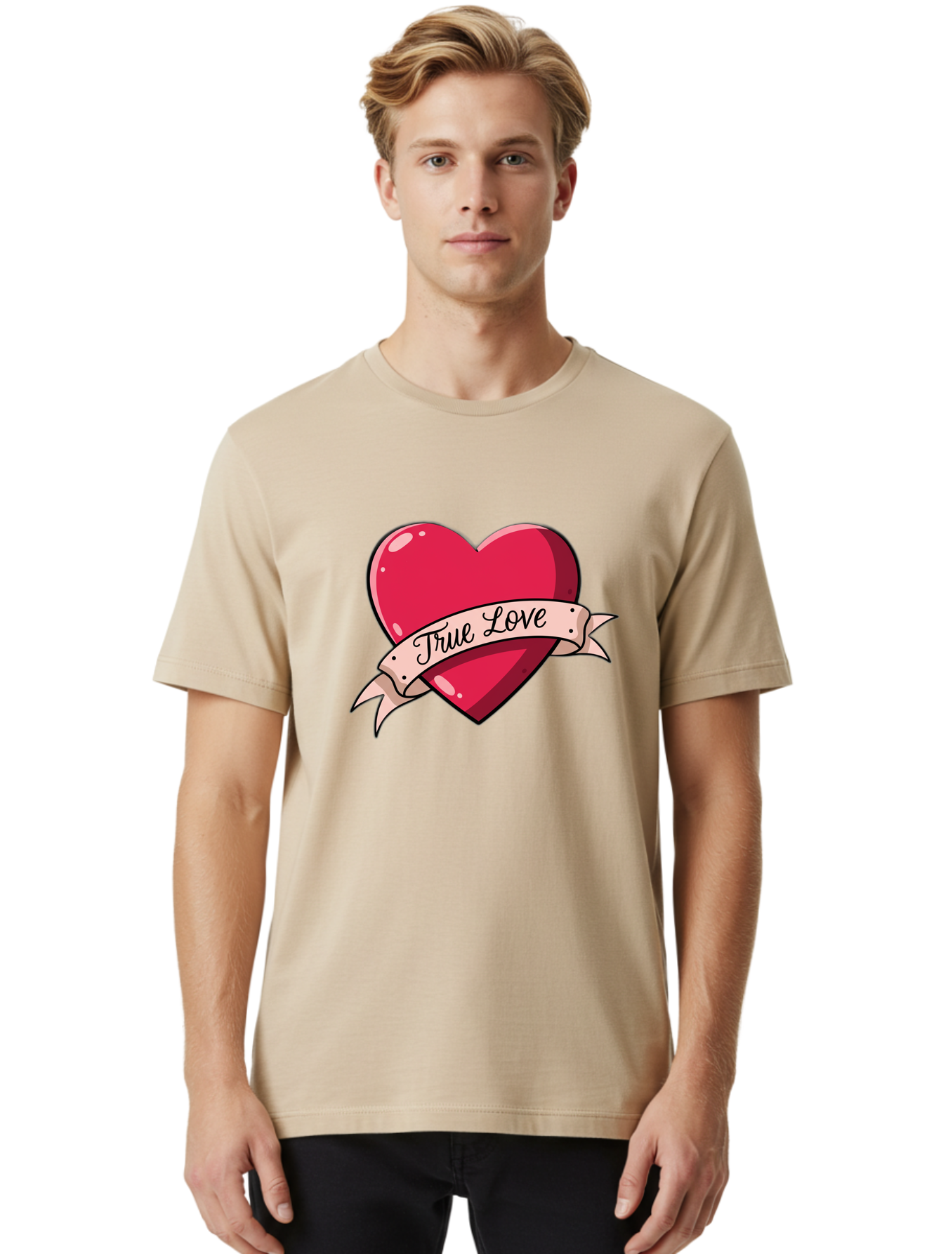 True-Love-2 Men'S Graphic Tee, 100% Cotton, Comfortable Casual Summer Wear, Machine Washable, Sweetheart Tattoo Design, Heart With Ribbon, True Love Phrase, Tattoo Art, Valentine Symbol, Love Heart Bae311
