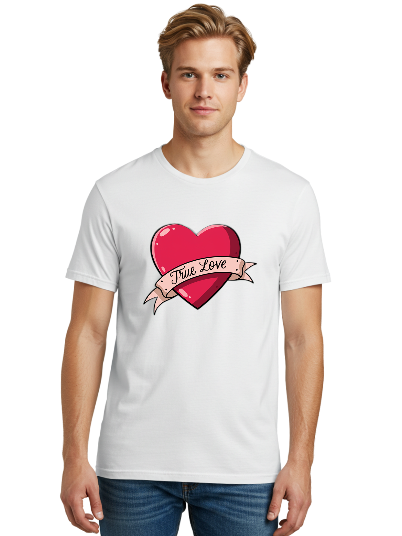 True-Love-2 Men'S Graphic Tee, 100% Cotton, Comfortable Casual Summer Wear, Machine Washable, Sweetheart Tattoo Design, Heart With Ribbon, True Love Phrase, Tattoo Art, Valentine Symbol, Love Heart Bae311